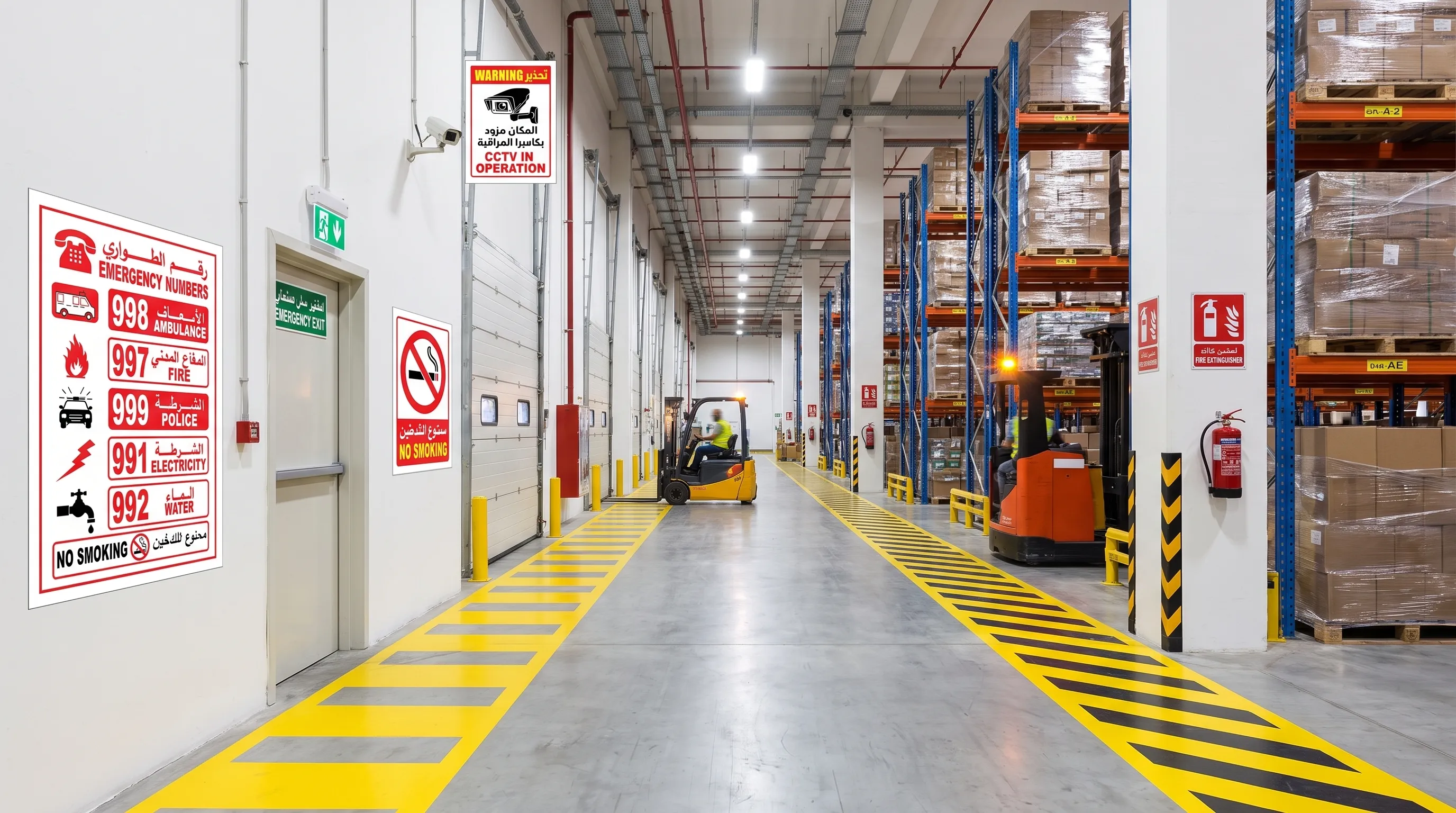 A clean Dubai warehouse aisle with clearly visible safety boards, forklift warning signs, emergency exit signs, fire extinguisher signs, and marked pedestrian pathways.