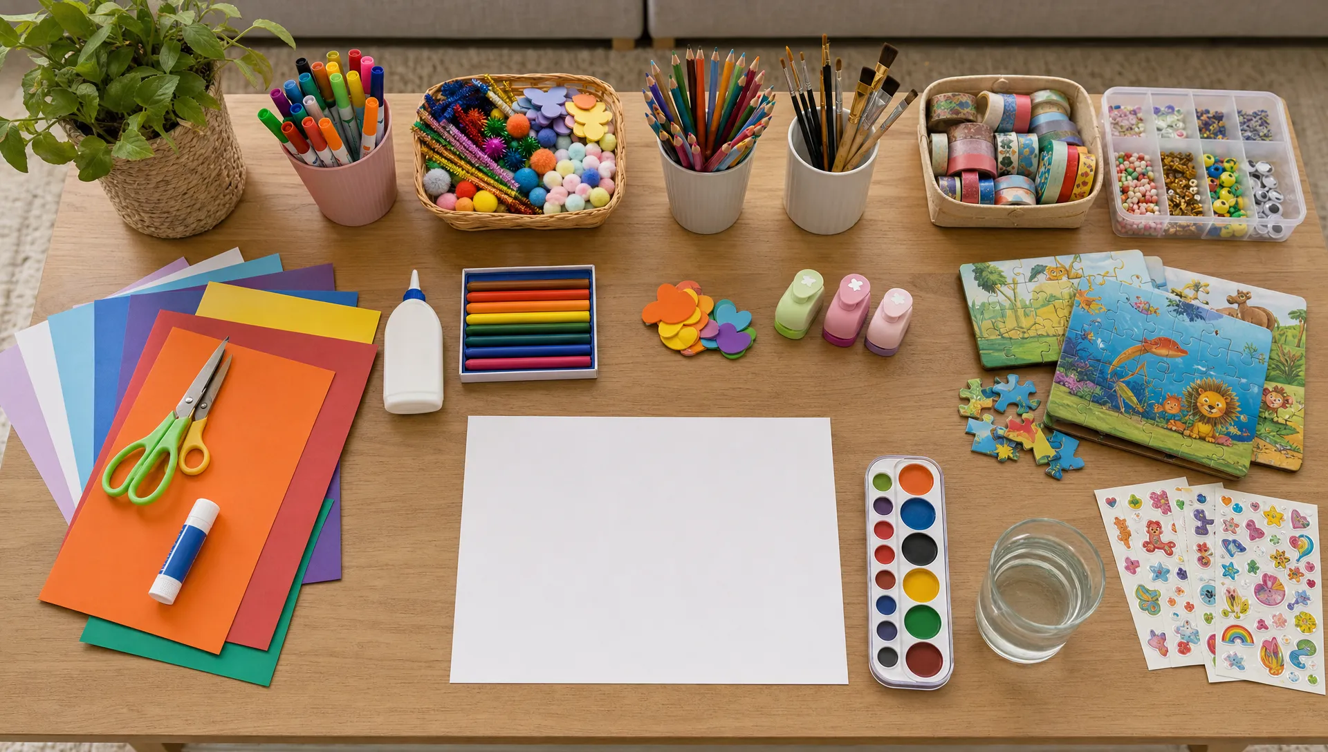 A neatly arranged craft table with paint brushes, coloured paper, markers, child-safe glue, small puzzles, and decorative supplies prepared for a family art activity at home, viewed from above with the supplies grouped into clear sections on a living room table.