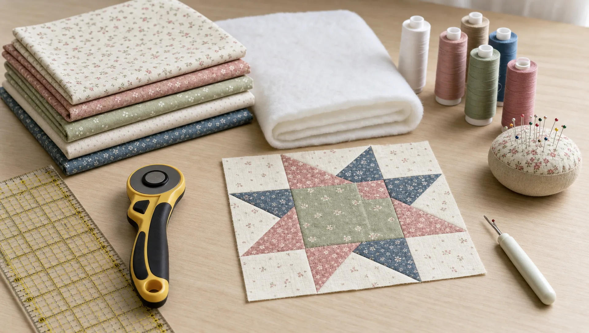 A beginner sewing table shows folded cotton fabric, batting, thread spools, pins, a rotary cutter, a ruler and a seam ripper beside a small patchwork block.