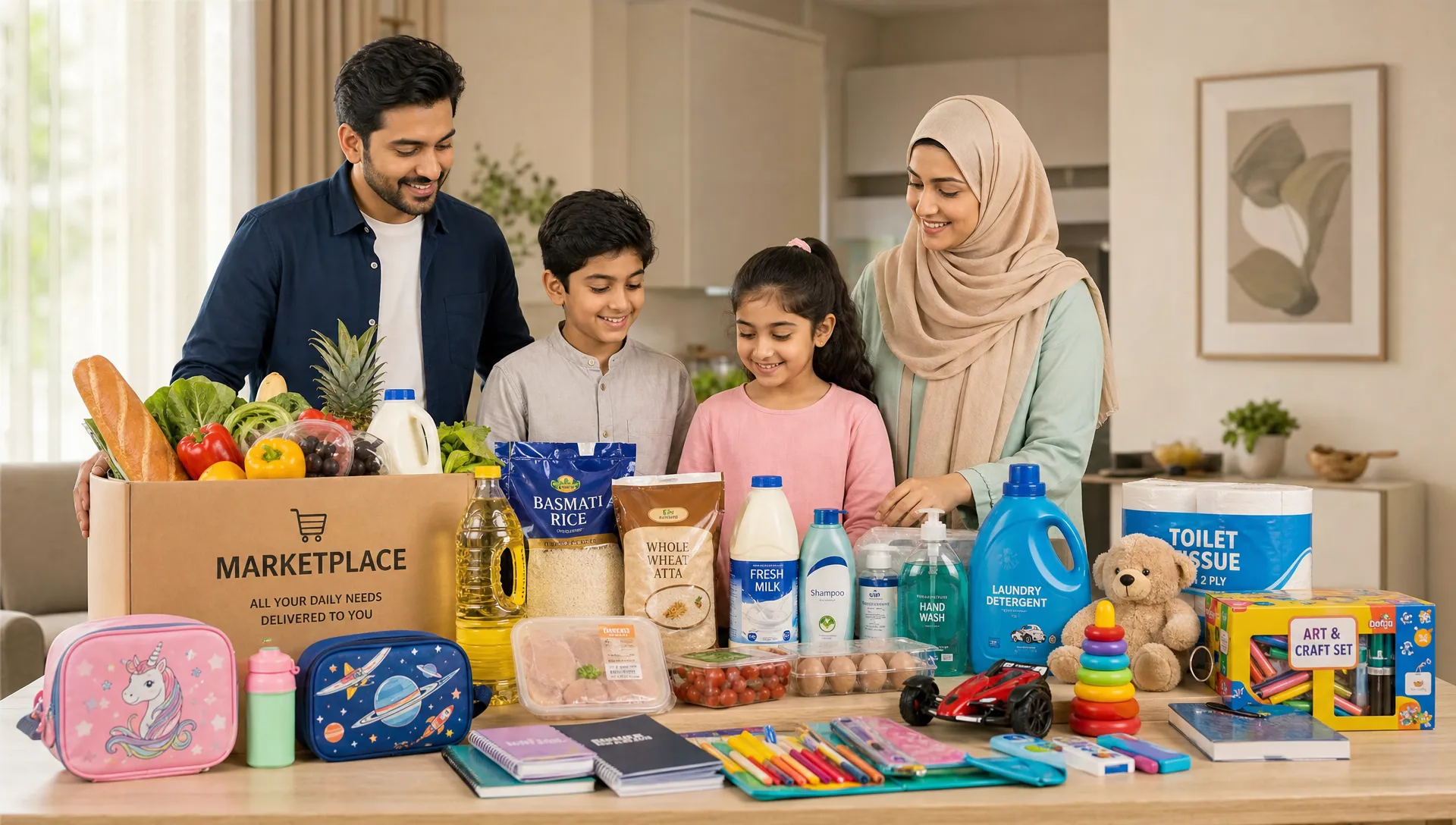 A family shopping scene at home with groceries, school lunch boxes, toys, stationery, and home essentials arranged neatly on a table, showing the convenience of buying multiple everyday categories from one marketplace.