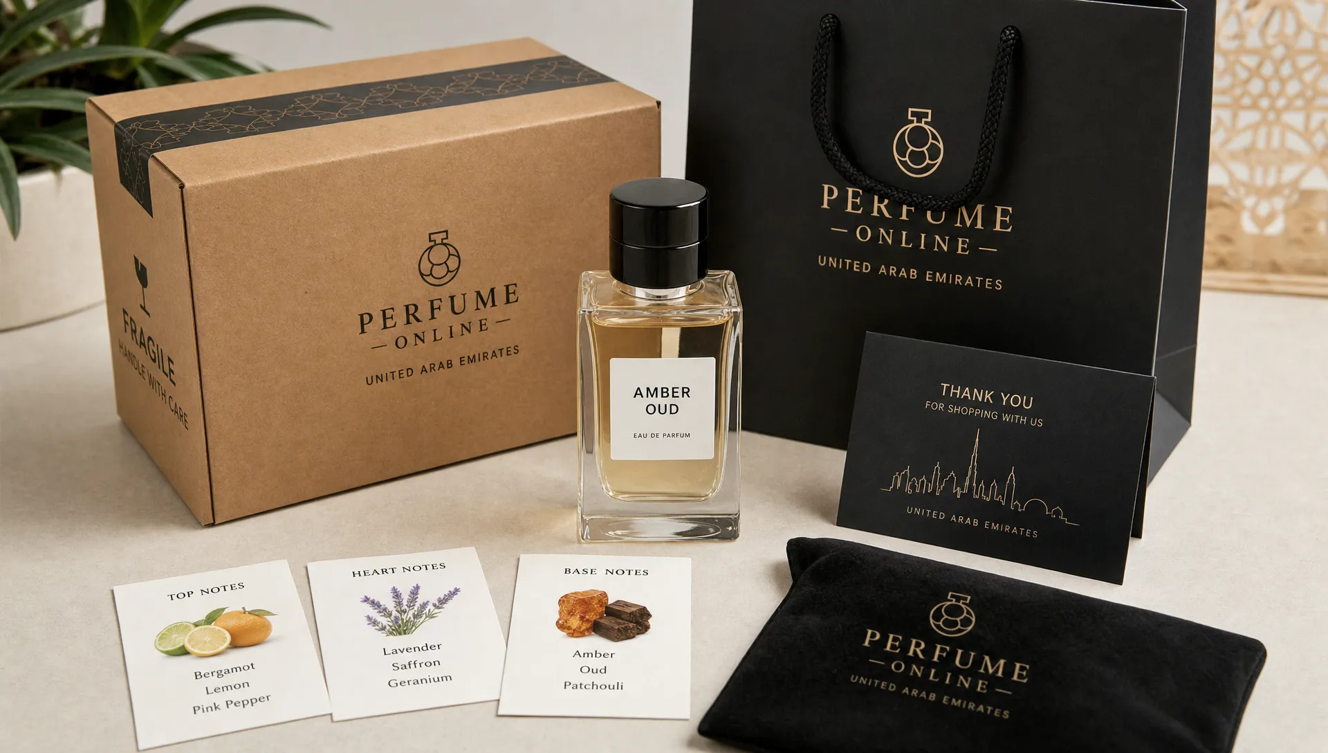 A perfume bottle beside a shipping box, fragrance note cards, and shopping packaging, suggesting a careful online perfume purchase in the UAE.