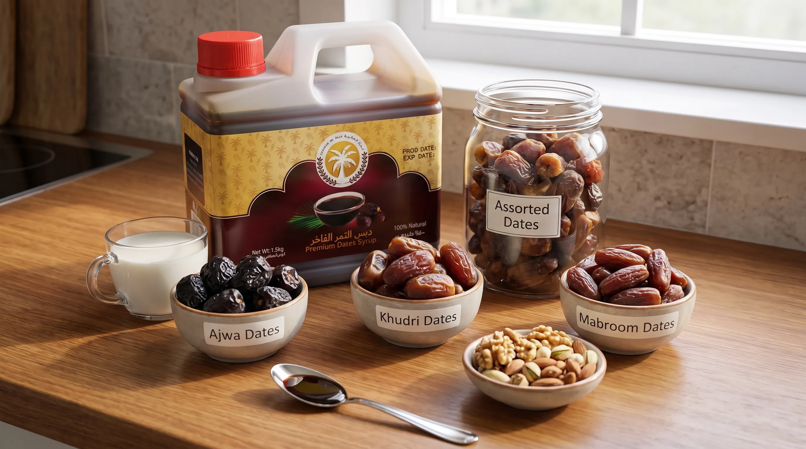 A closer indoor countertop scene with a glass jar of dry dates, small bowls of Ajwa, Khudri and Mabroom dates, nuts, a cup of milk, and a spoon with date syrup arranged for healthy snacking.
