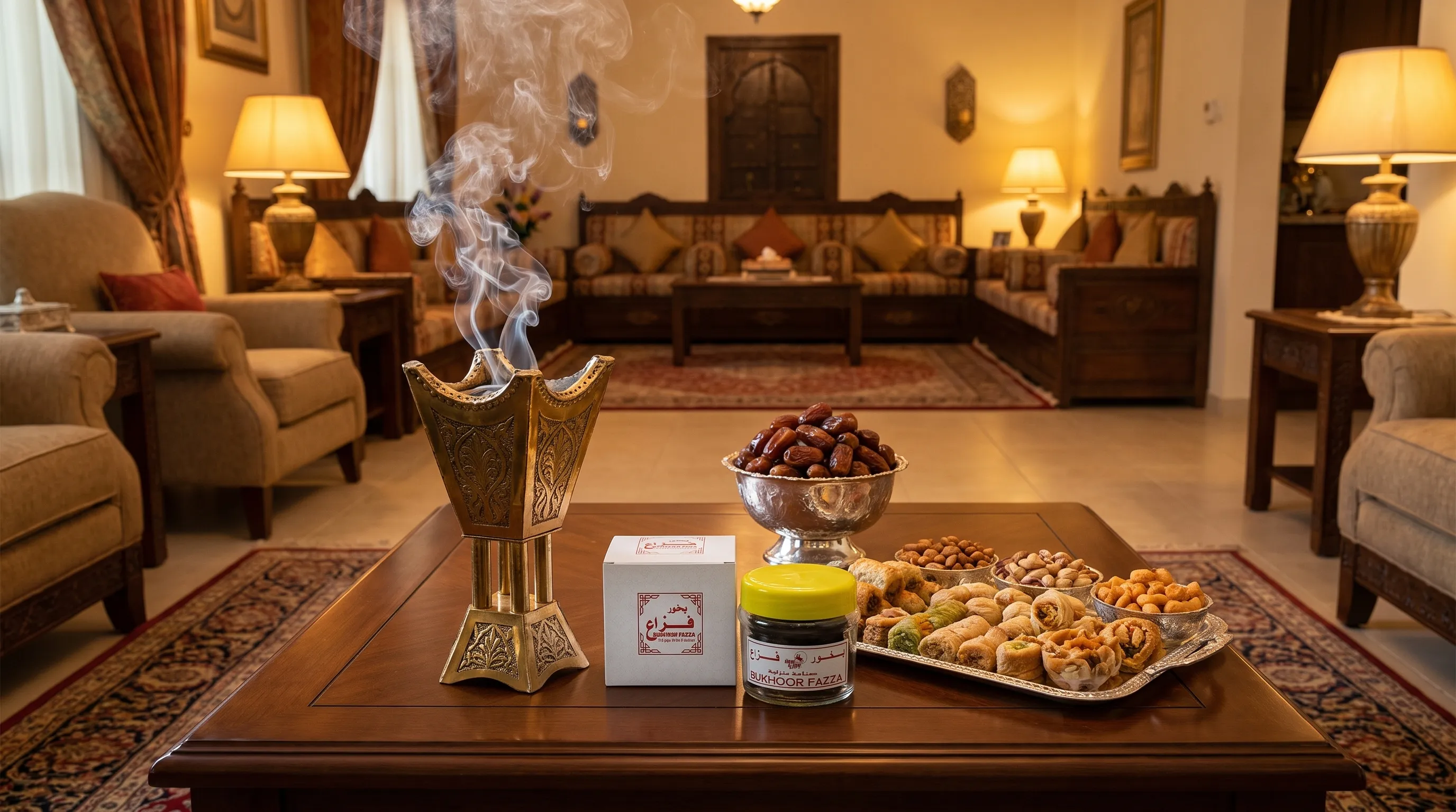 An elegant UAE living room with a traditional incense burner releasing soft bakhoor smoke on a coffee table, with dates and snacks arranged nearby for guests, viewed from a slightly elevated angle with no people present and a warm welcoming mood.