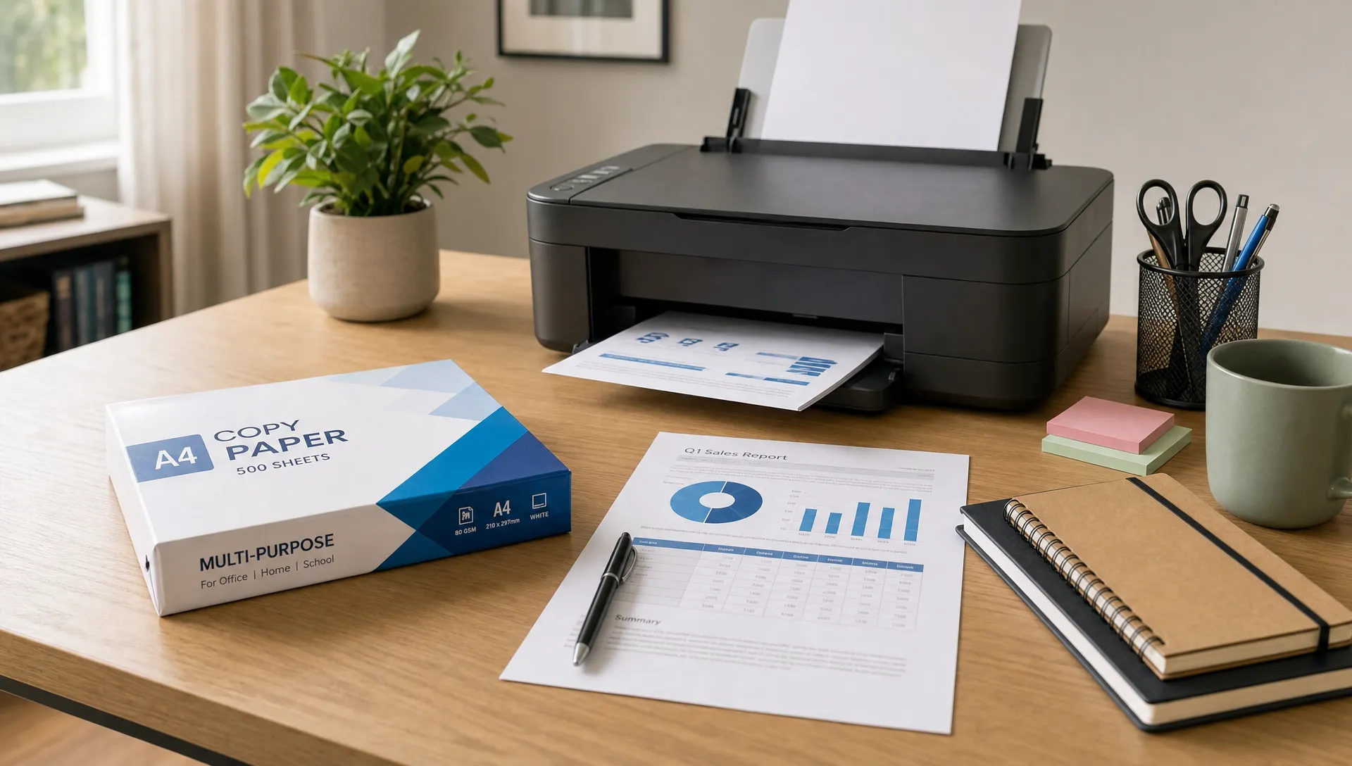 A tidy indoor desk with a printer, a stack of A4 multipurpose copy paper, printed documents, notebooks and stationery grouped for everyday printing tasks.