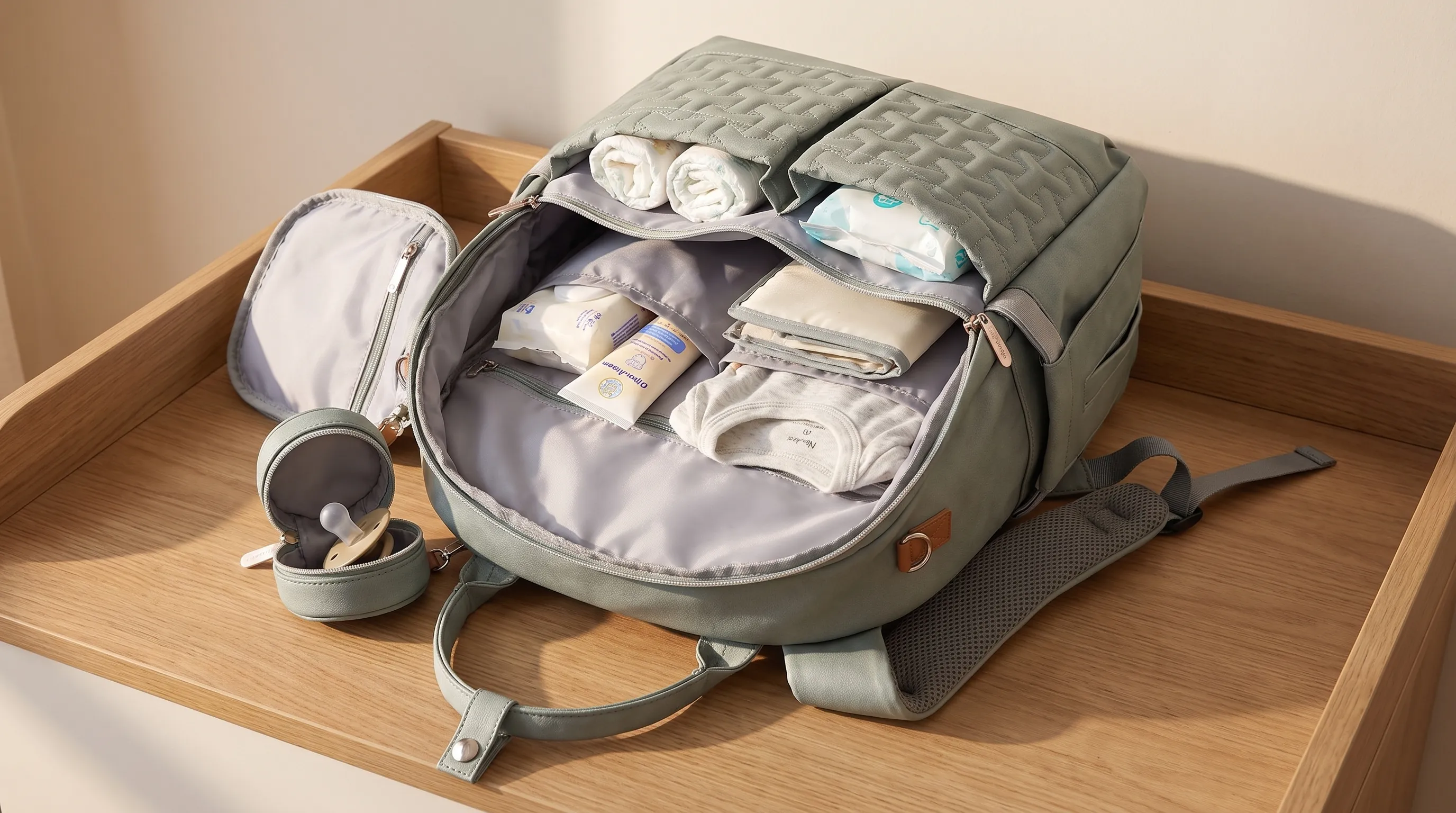 An unbranded vegan leather diaper bag open on a changing table, with the lining, compartments and shoulder straps visible beside baby changing supplies.