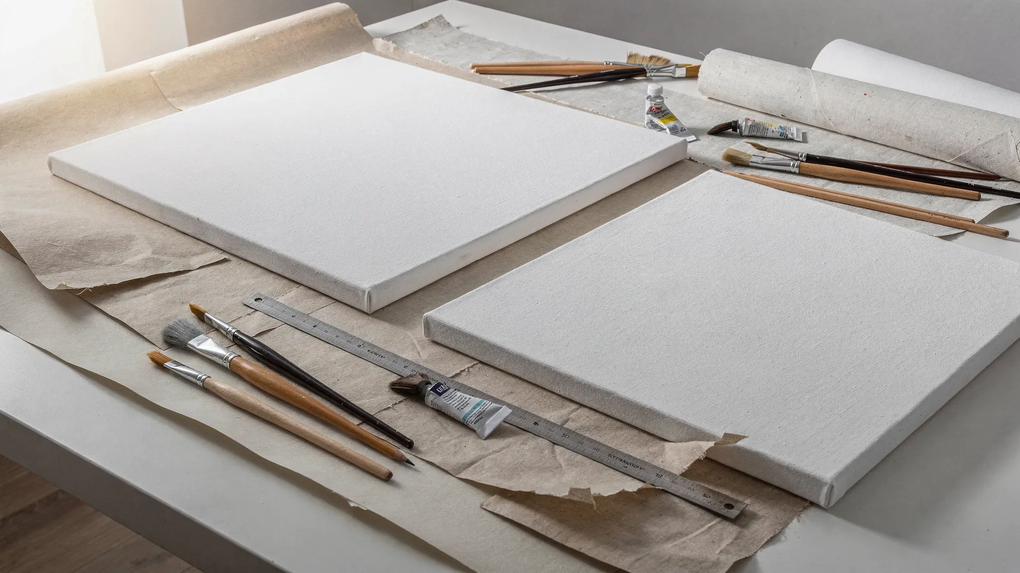 A tabletop arrangement of blank stretched canvases in several sizes, brushes, pencils, a ruler, and craft paper spread out for painting and DIY projects.
