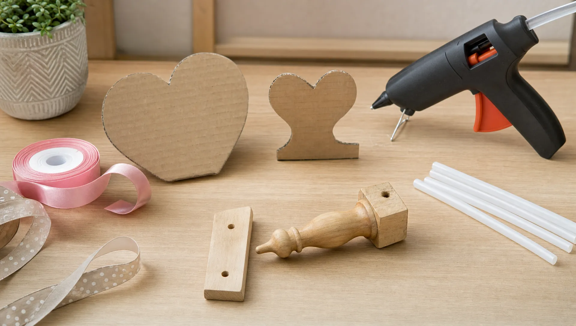 A tidy craft table with a hot glue gun, glue sticks, cardboard shapes, ribbon and a wooden repair piece arranged for comparison.