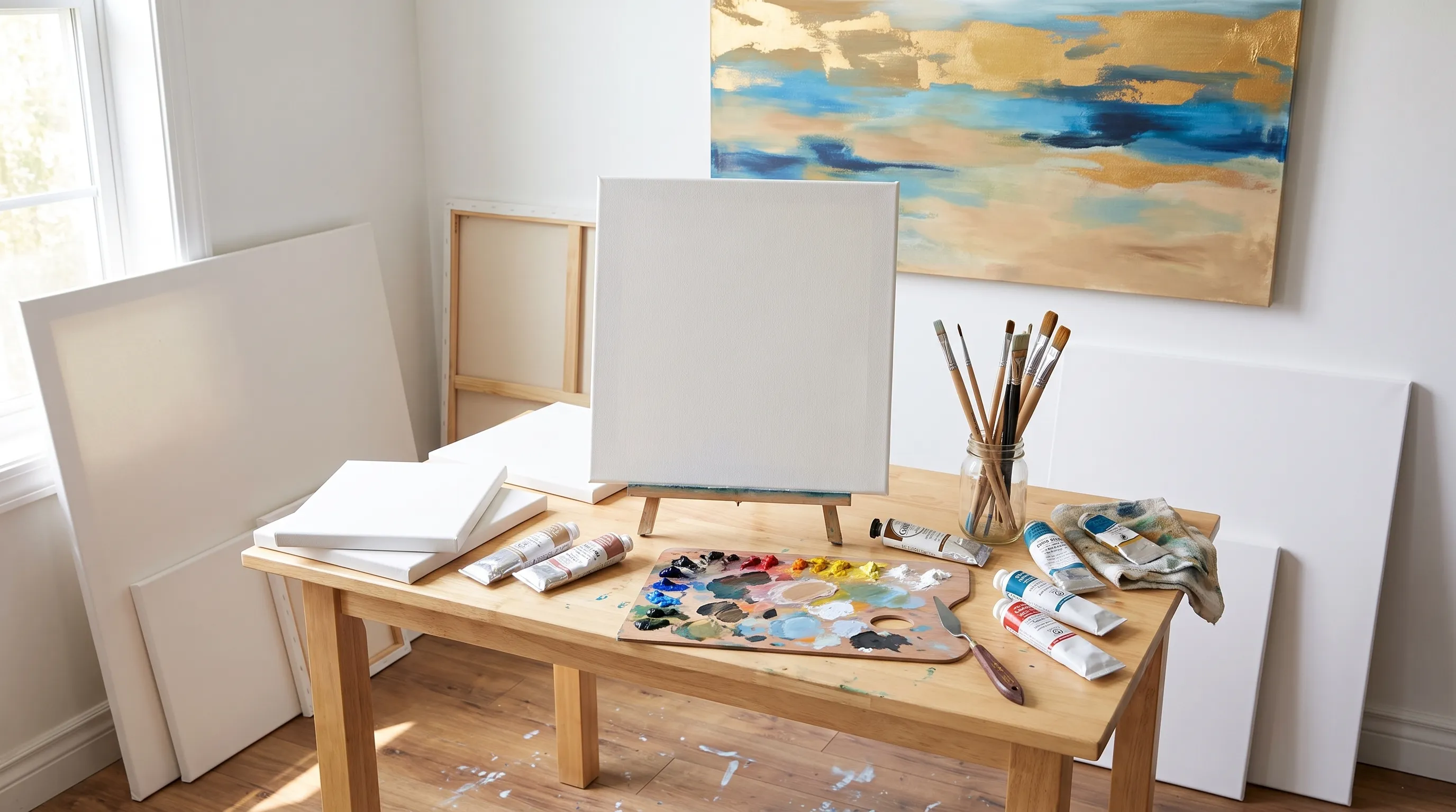 A clean art workspace with several blank canvases in different sizes, paint tubes, brushes, and a colour palette laid out on a table near a finished wall art piece, viewed from a slightly elevated angle in a bright indoor studio.