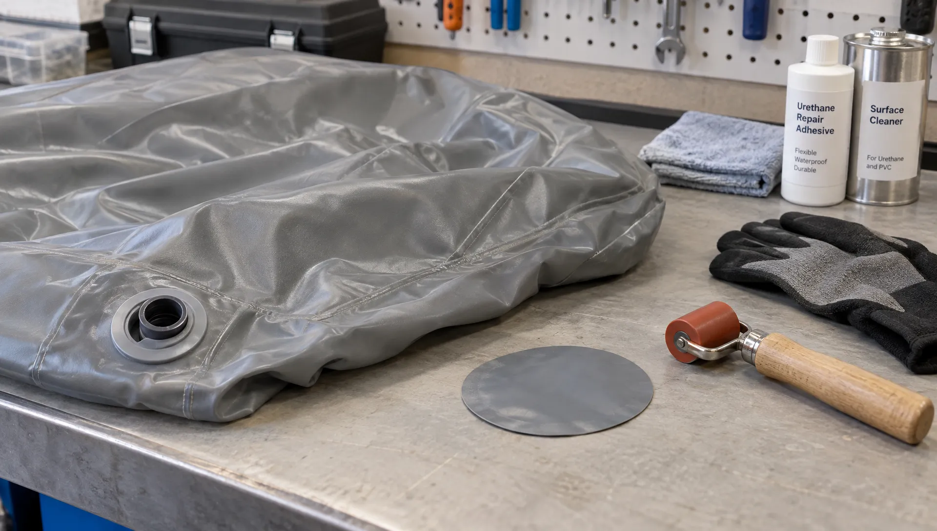 A deflated urethane-coated inflatable panel lies on a repair bench beside a rounded compatible patch, seam roller and protective gloves, ready for careful surface preparation.