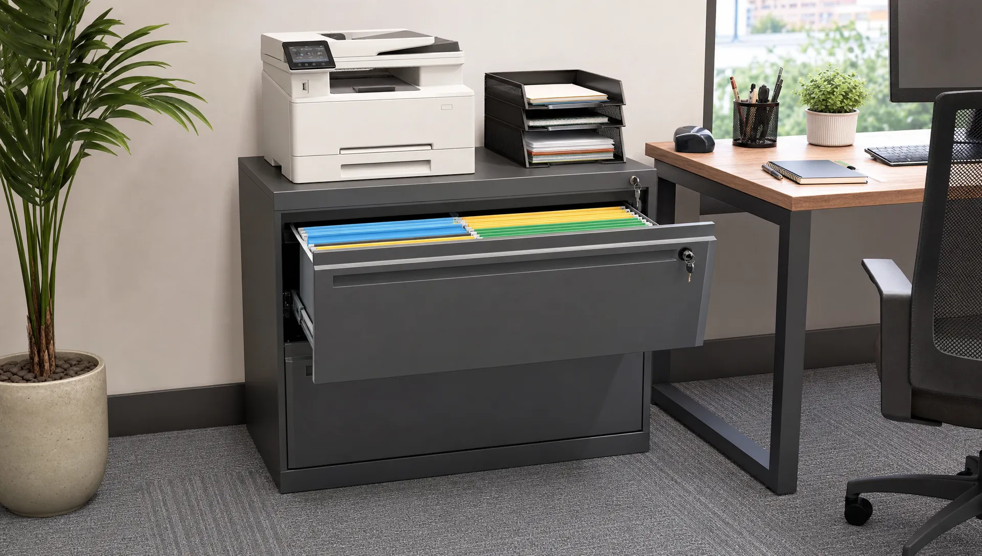 A tidy office corner with a lateral file cabinet under a printer, open folders inside, a nearby desk and organised stationery on top.