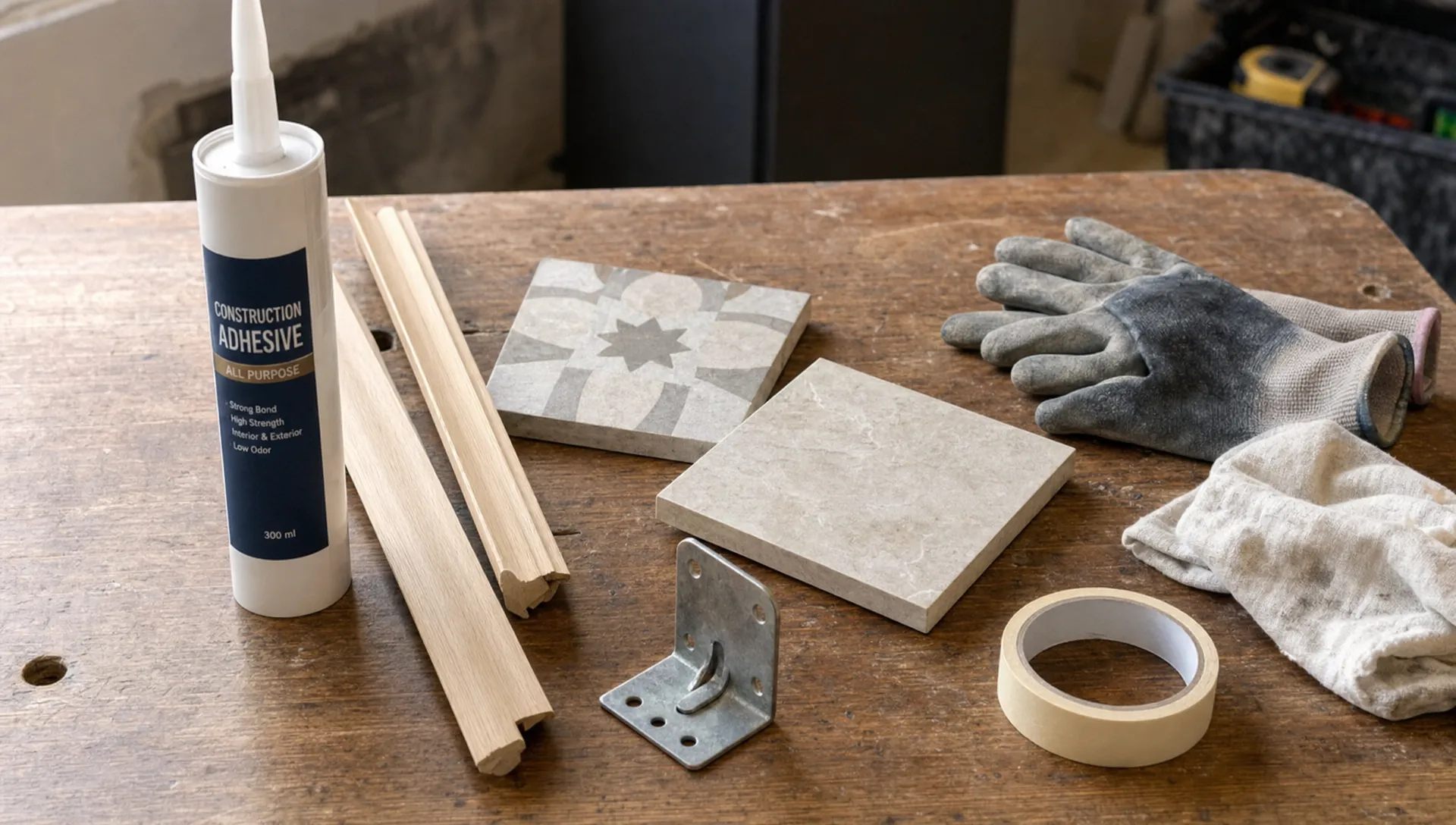 A repair workbench holds construction glue, wooden trim, ceramic tile, a metal bracket, gloves, cloth and masking tape.