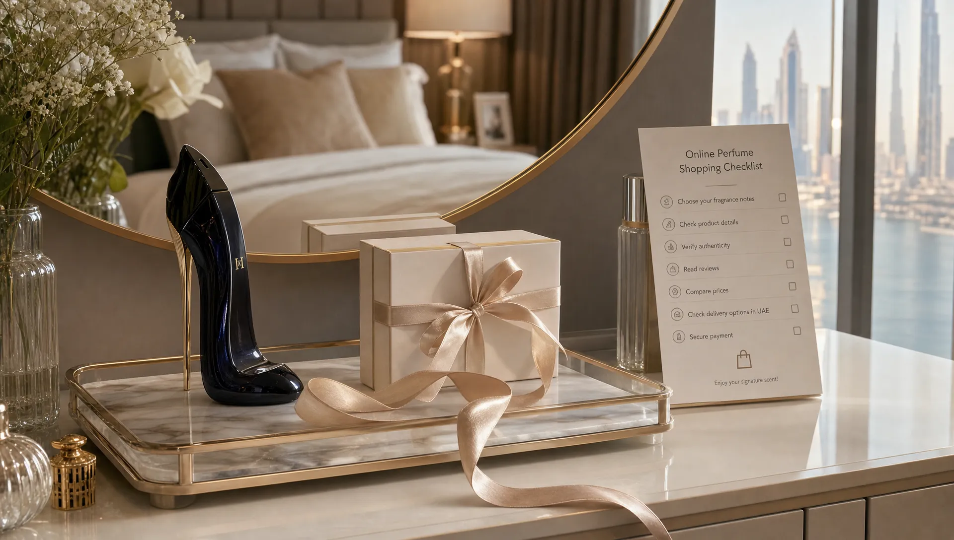 A vanity tray with a high-heel shaped perfume bottle, a gift box, a ribbon, and a small checklist for online perfume shopping, arranged on a dressing table beside a mirror in a modern UAE bedroom.
