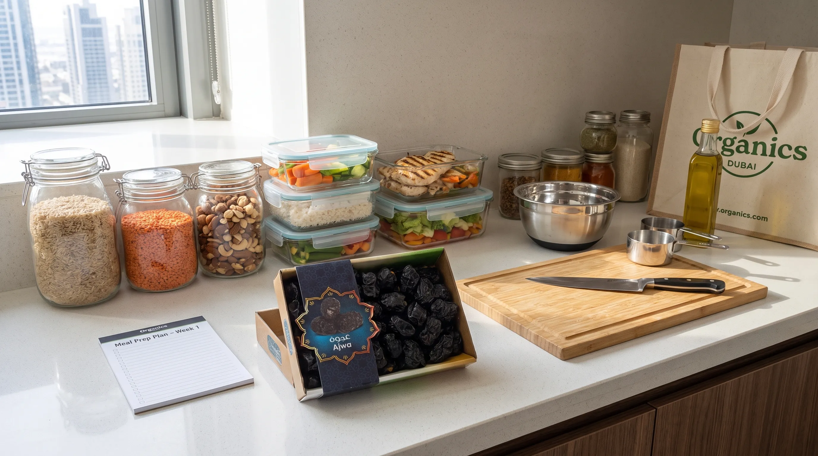 A well organized kitchen counter for grocery dubai meal prep with pantry staples, dates, simple cooking tools, and reusable storage containers.