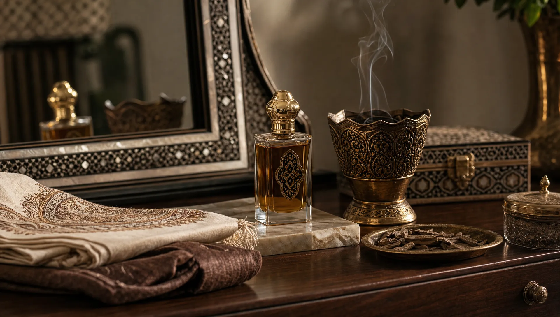 A tidy dressing table with an oud perfume bottle, a bakhoor burner, folded fabric and agarwood chips arranged for a fragrance ritual.