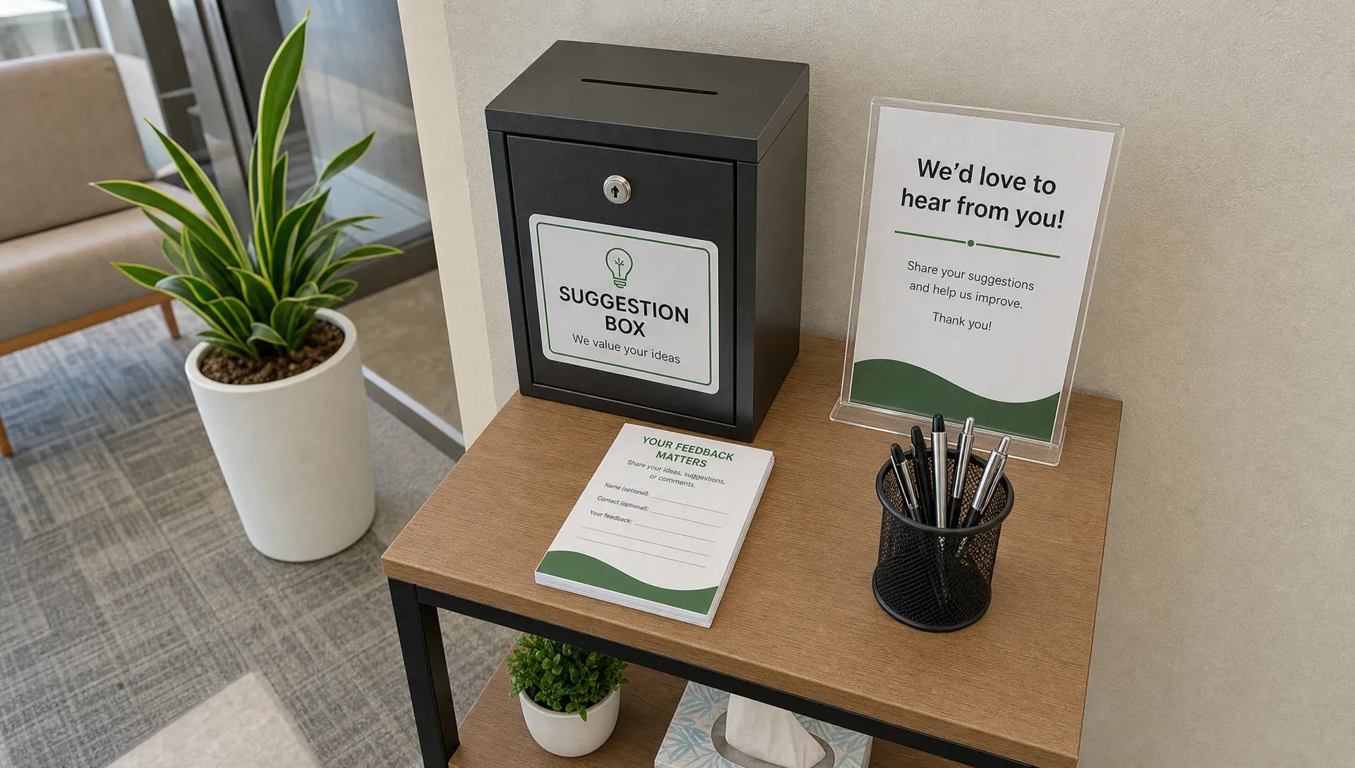 A compact reception corner with a locked suggestion box on a small table beside feedback cards, pens, and a simple sign inviting visitors to share ideas, viewed from a slightly higher angle in a tidy office or community setting with no people present and a welcoming organized mood.