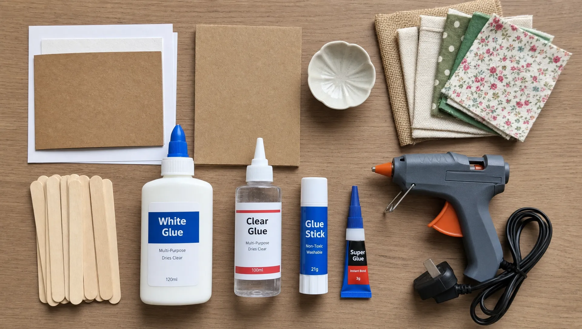 A close-up overhead view of a craft table with paper cards, cardboard pieces, fabric patches, a small ceramic item, wooden craft sticks, bottles of white glue and liquid glue, a glue stick, a closed tube of super glue and an unplugged glue gun arranged neatly for comparison.
