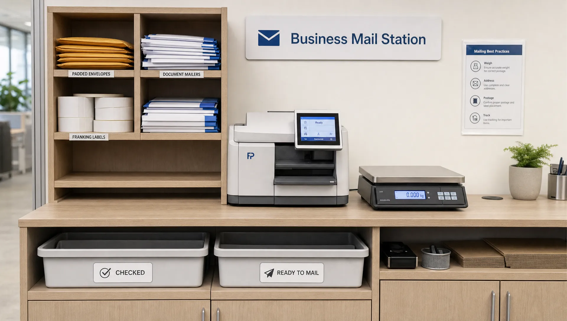 A business mail station holds padded envelopes, document mailers, franking labels, a postage machine, a weighing scale, and separate trays for checked and ready items.