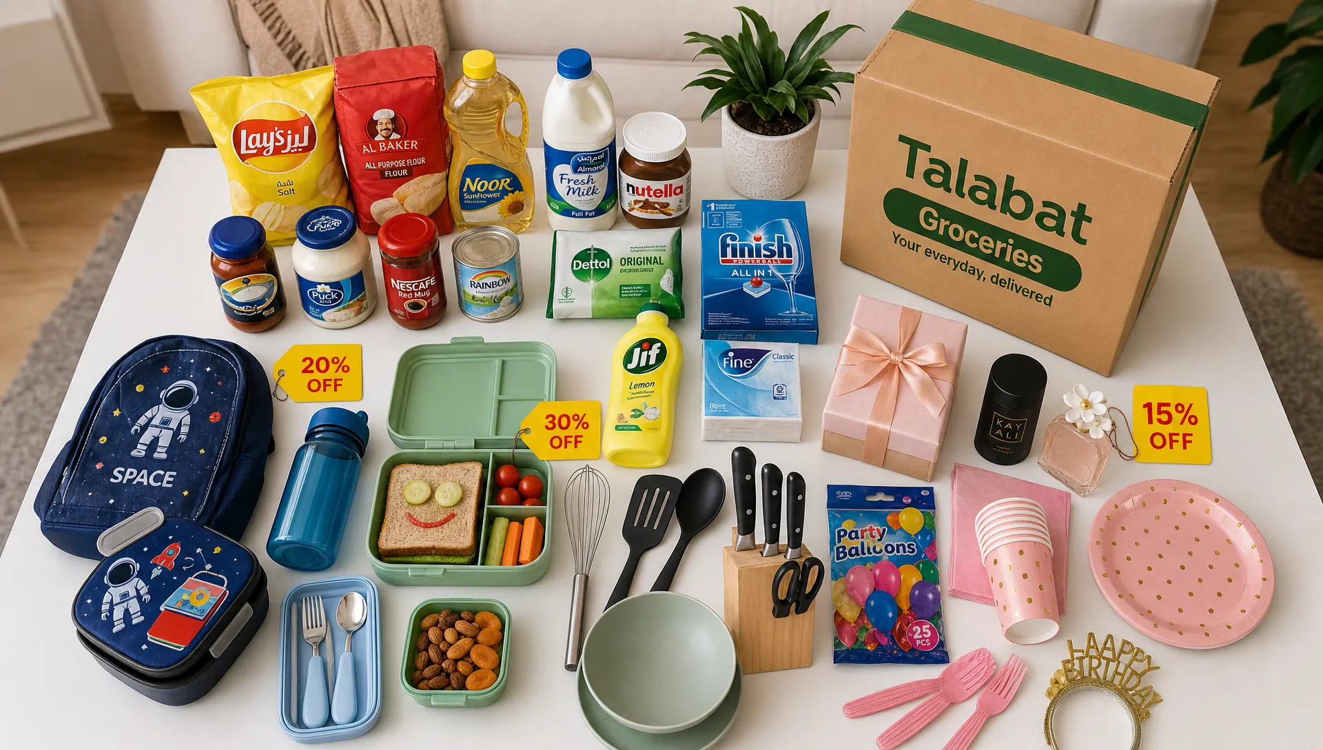 A neatly arranged Dubai online shopping basket with groceries, school lunch items, kitchen tools, gift products, and party supplies grouped on a clean table, with discount tags and a delivery box beside them, viewed from above in a home setting.