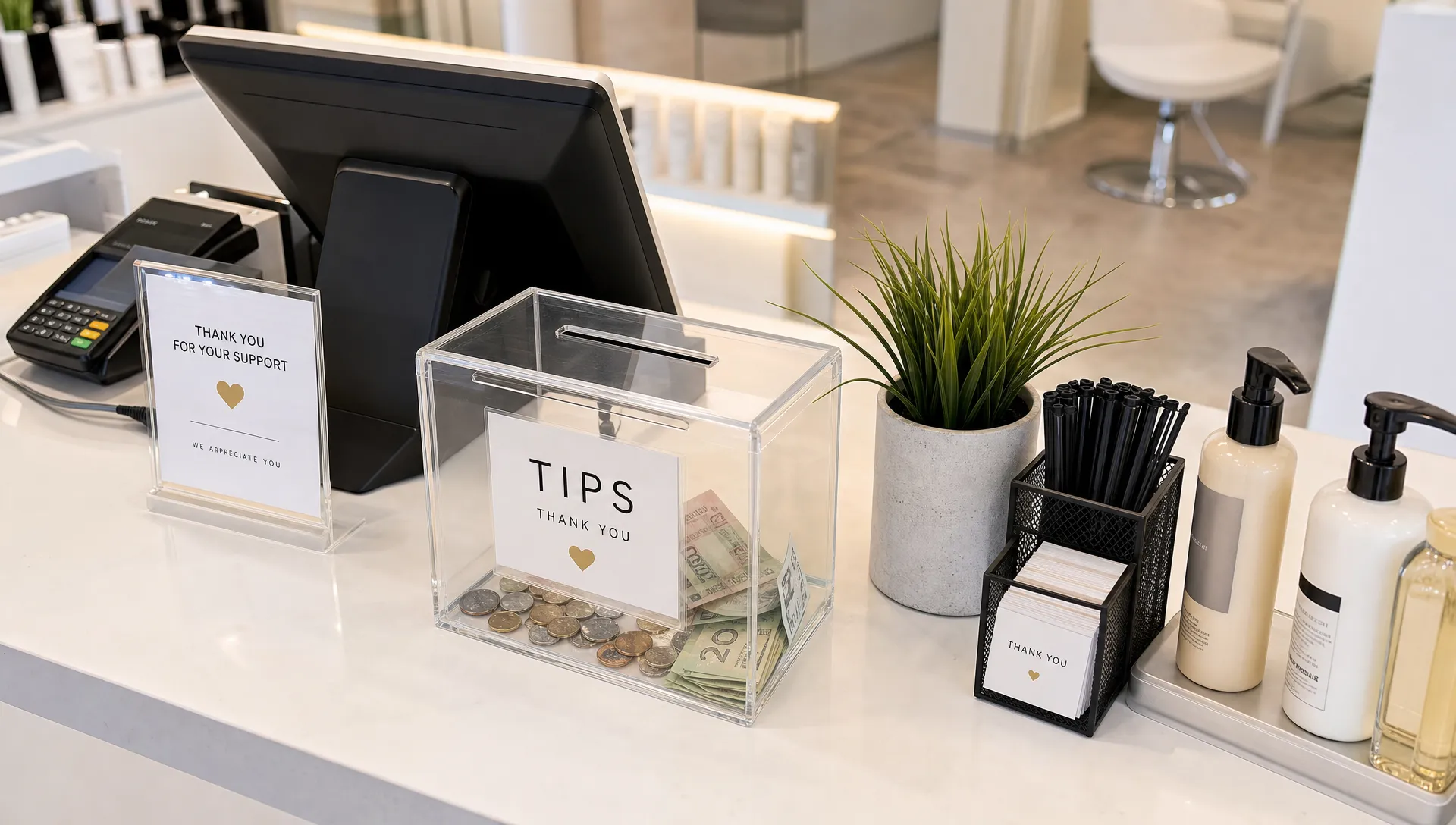 A neat retail counter with a transparent tips box, a small thank-you sign, a few coins and folded notes inside, and organised counter accessories nearby, viewed from a slightly elevated angle in a bright salon-style setting with no people present.