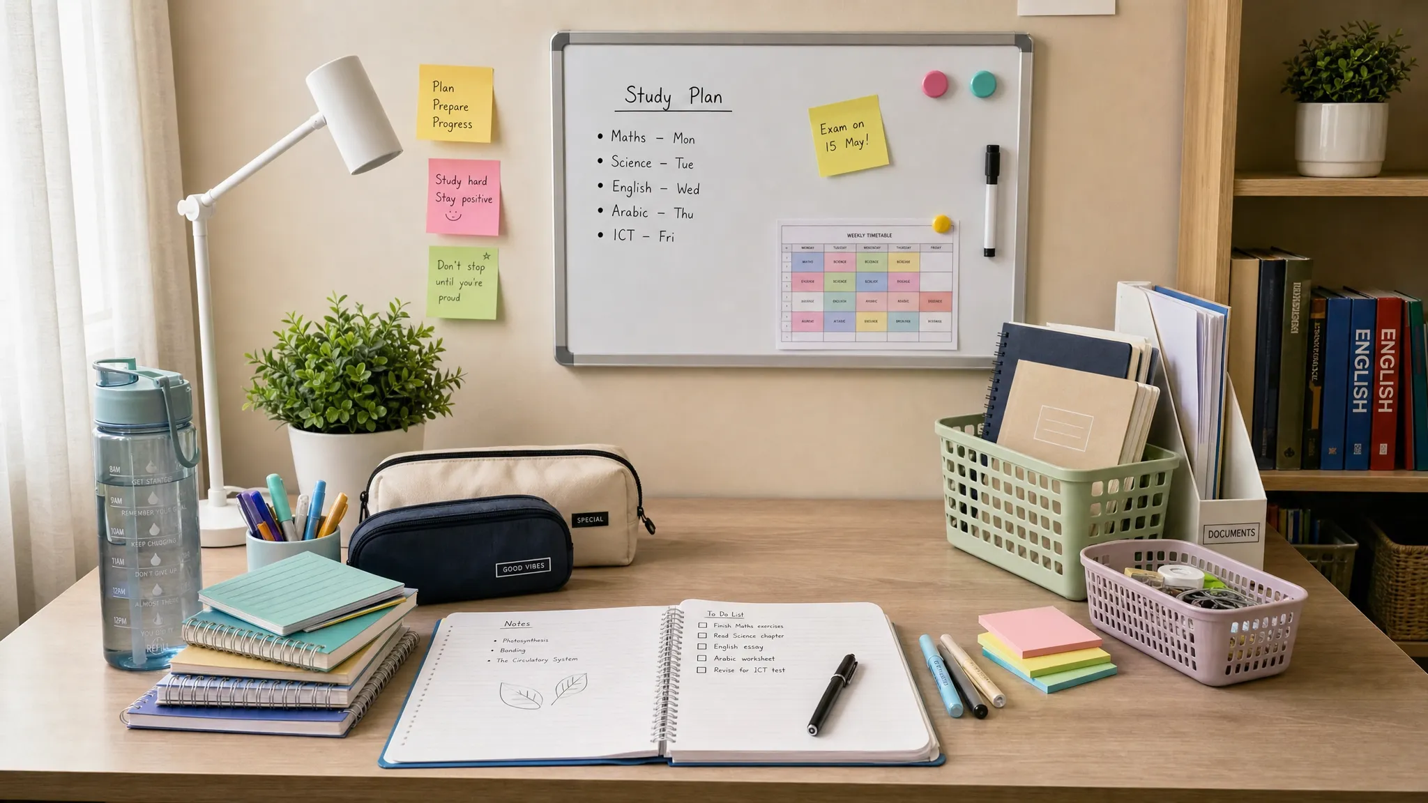 A tidy indoor study desk with notebooks, pens, pencil cases, sticky notes, a magnetic learning board, and small storage baskets arranged for school and work shopping in the UAE.