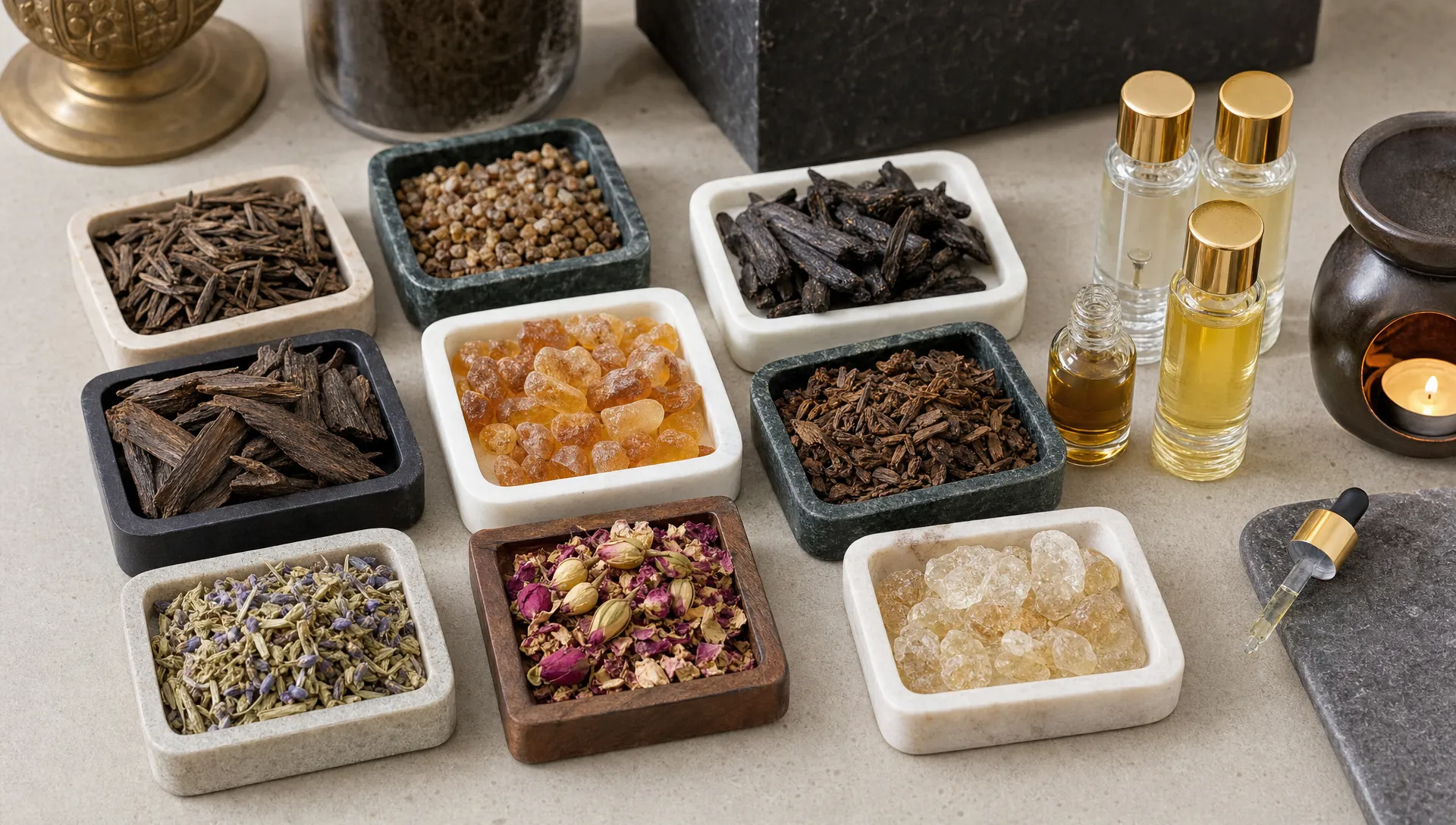 Small trays of bakhoor pieces in different textures, with wood chips, amber colored resins, dried floral elements, and small bottles of fragrance oil arranged on a clean work surface.