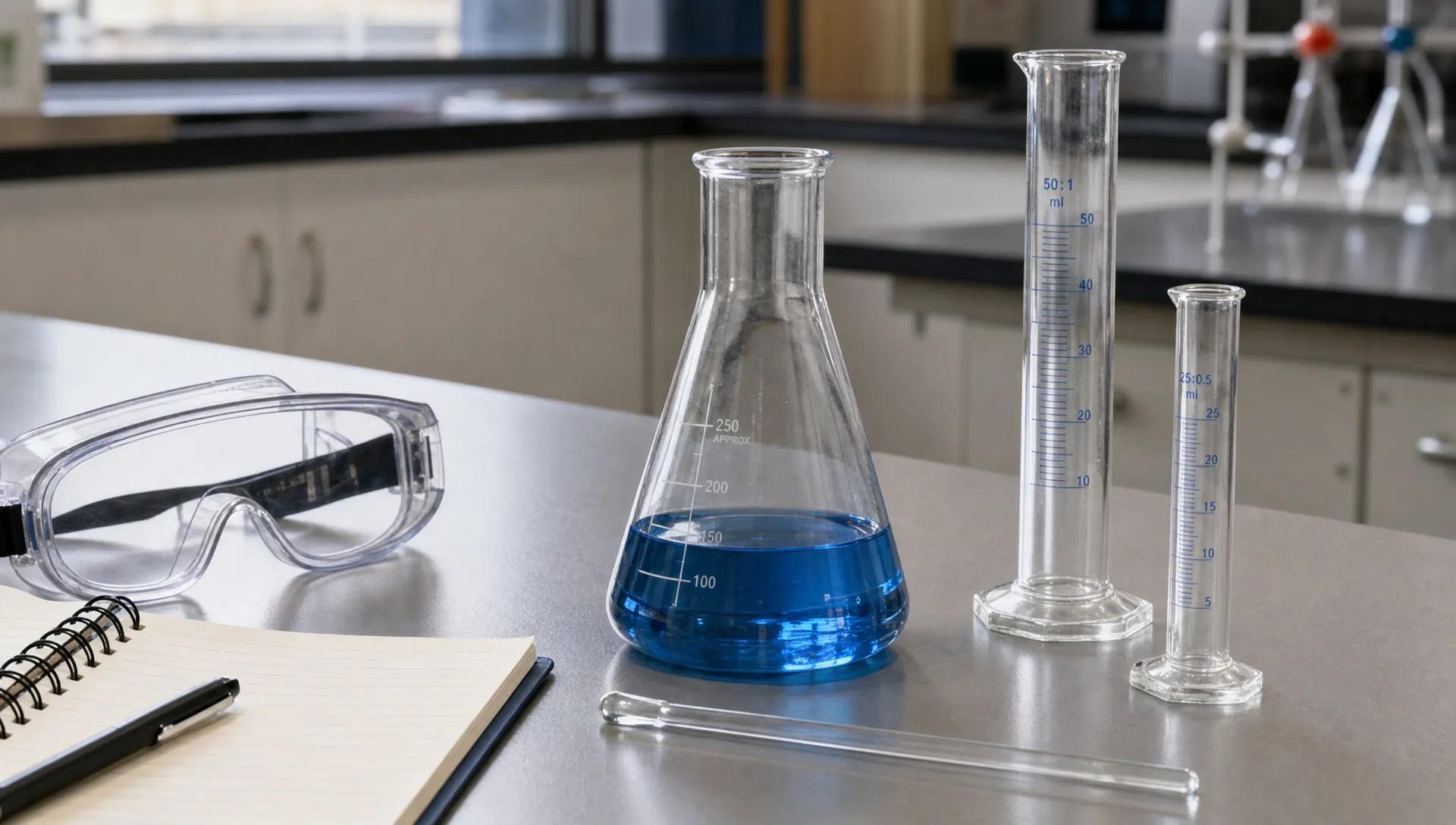 A conical flask sits on a table beside measuring cylinders, a glass stirring rod, safety goggles, and a notebook for a school experiment.