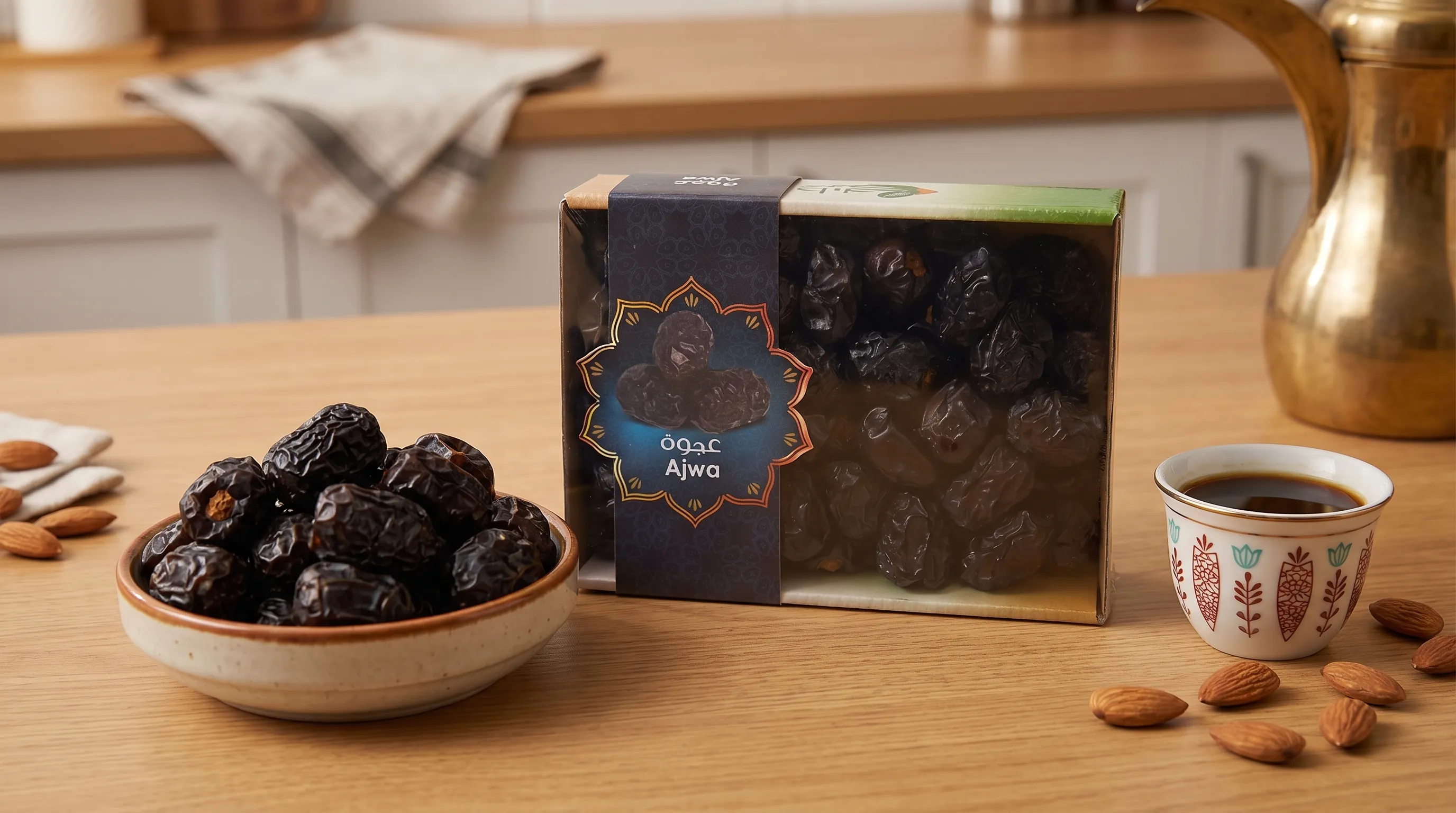 A close-up indoor scene of dark Ajwa dates in a ceramic bowl beside a small cup of Arabic coffee and a few almonds on a clean kitchen table.