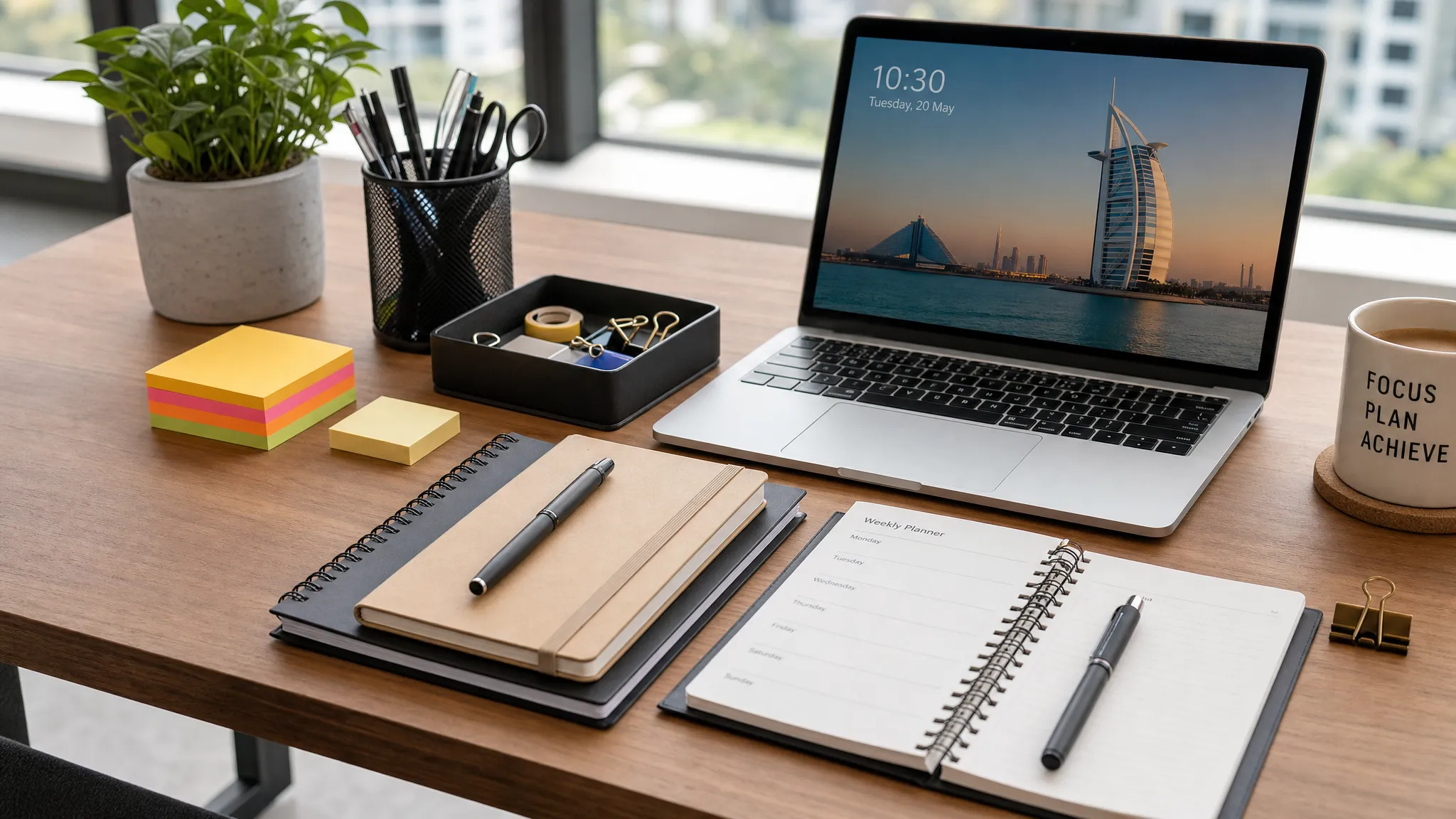 A neat office table with notebooks, pens, sticky notes, a desk organiser, a planner, clips, and a small plant arranged beside a laptop in a bright workspace, viewed from a slight angle with the surface kept tidy.