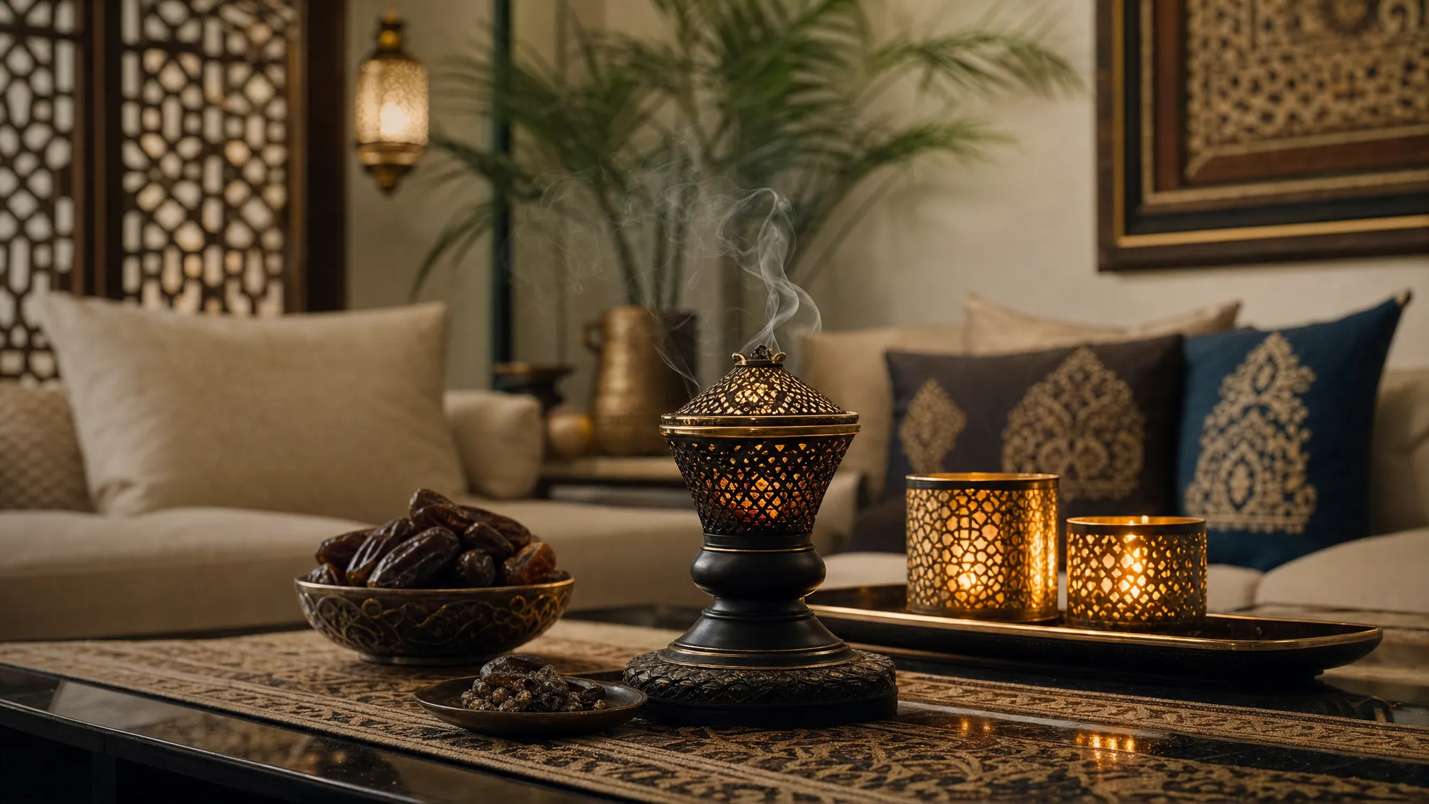 A warm UAE living room with a bakhoor burner on a coffee table, small pieces of incense beside it, dates, candles, and traditional décor creating a welcoming home fragrance setting.