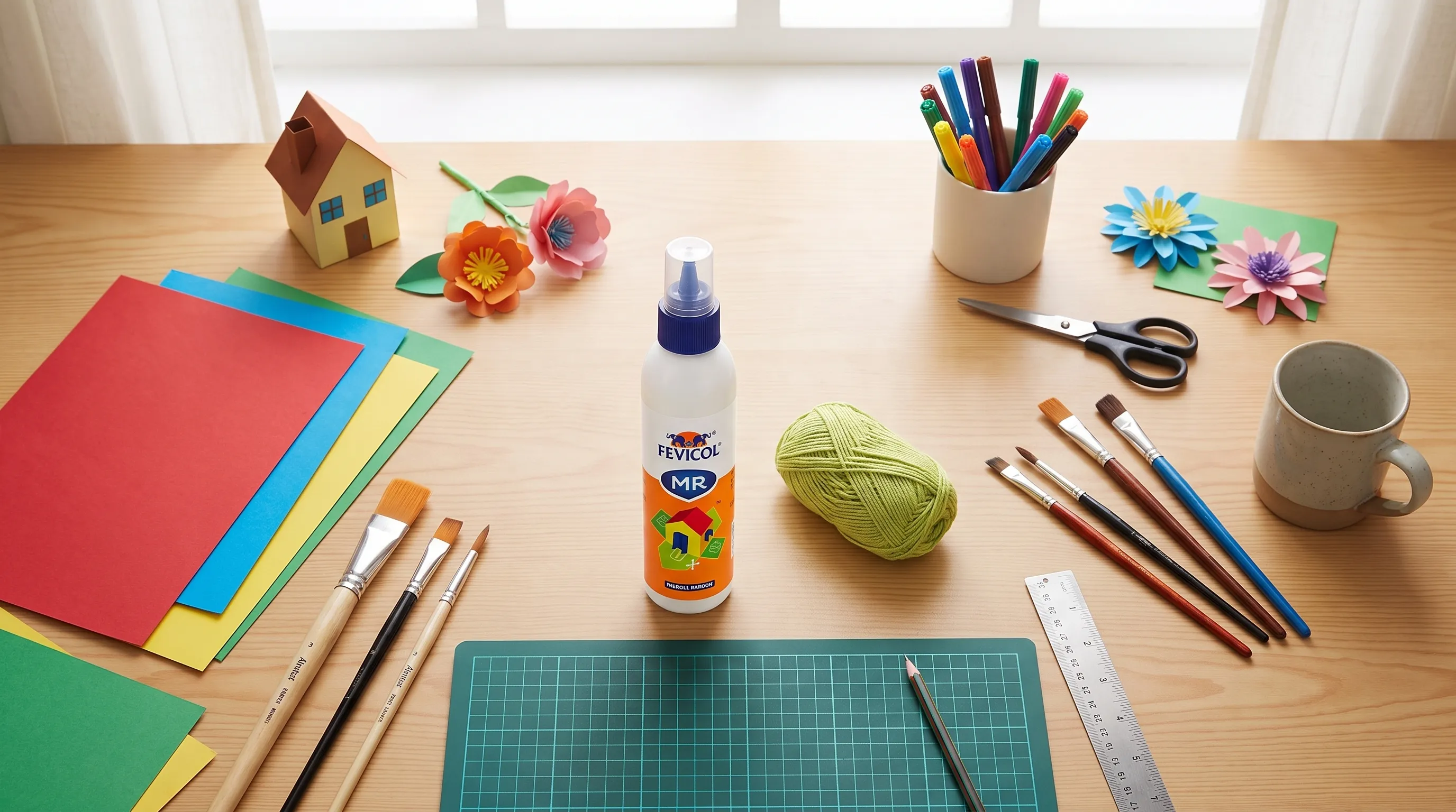 A bright indoor craft table with glue, a small bundle of light green yarn, artist brushes, coloured paper, markers, scissors, and a few handmade decorations arranged for a DIY project, viewed from above in a tidy home setting.