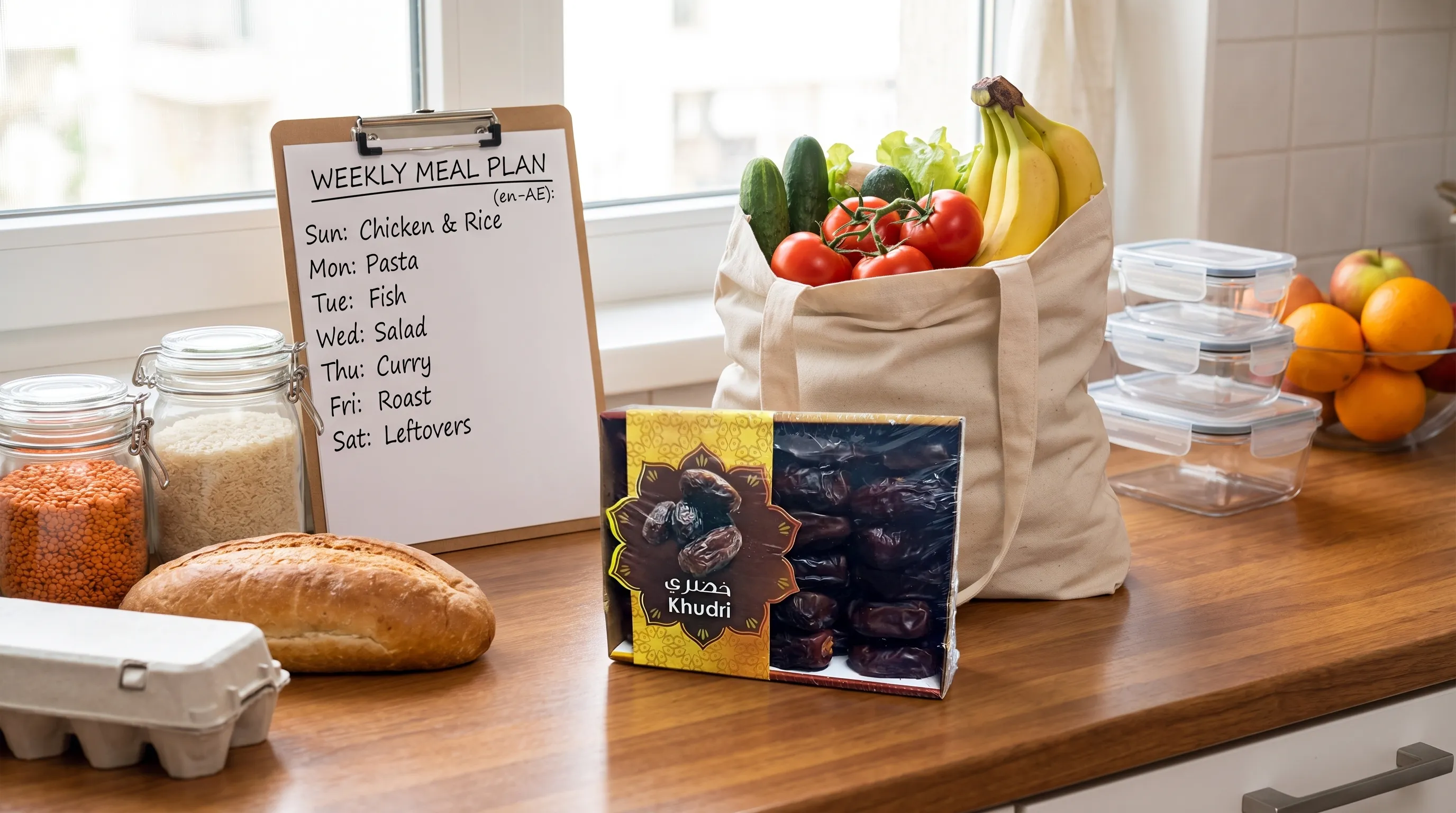 A neatly organized kitchen counter with a small grocery delivery order, a handwritten meal plan, fresh fruit, pantry staples, reusable storage containers, and a pack of Khudri dates arranged for a weekly household shop.