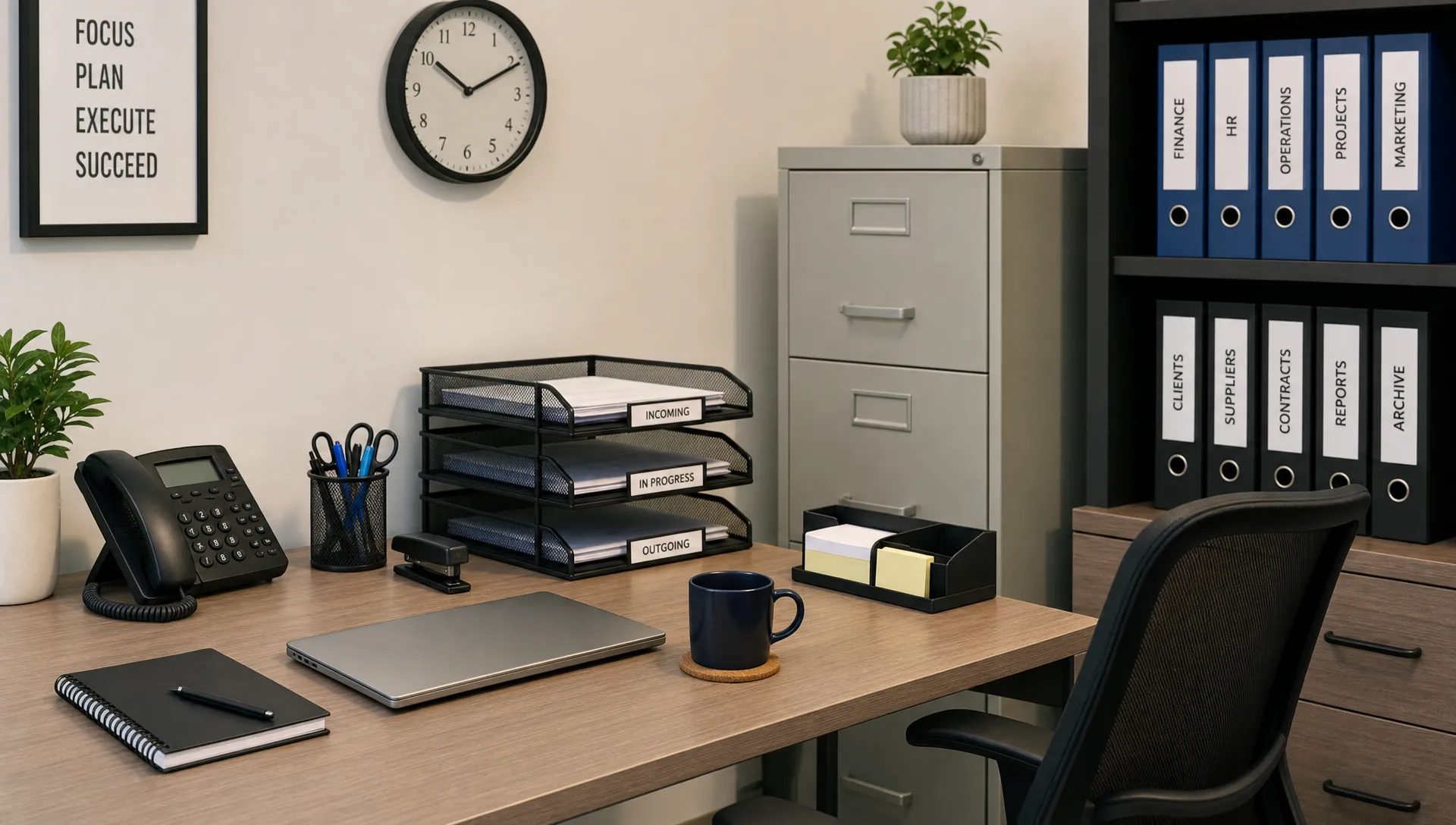 A neat office corner with a desk, labeled folders, a filing cabinet, document trays and stationery arranged in a calm organized workspace.