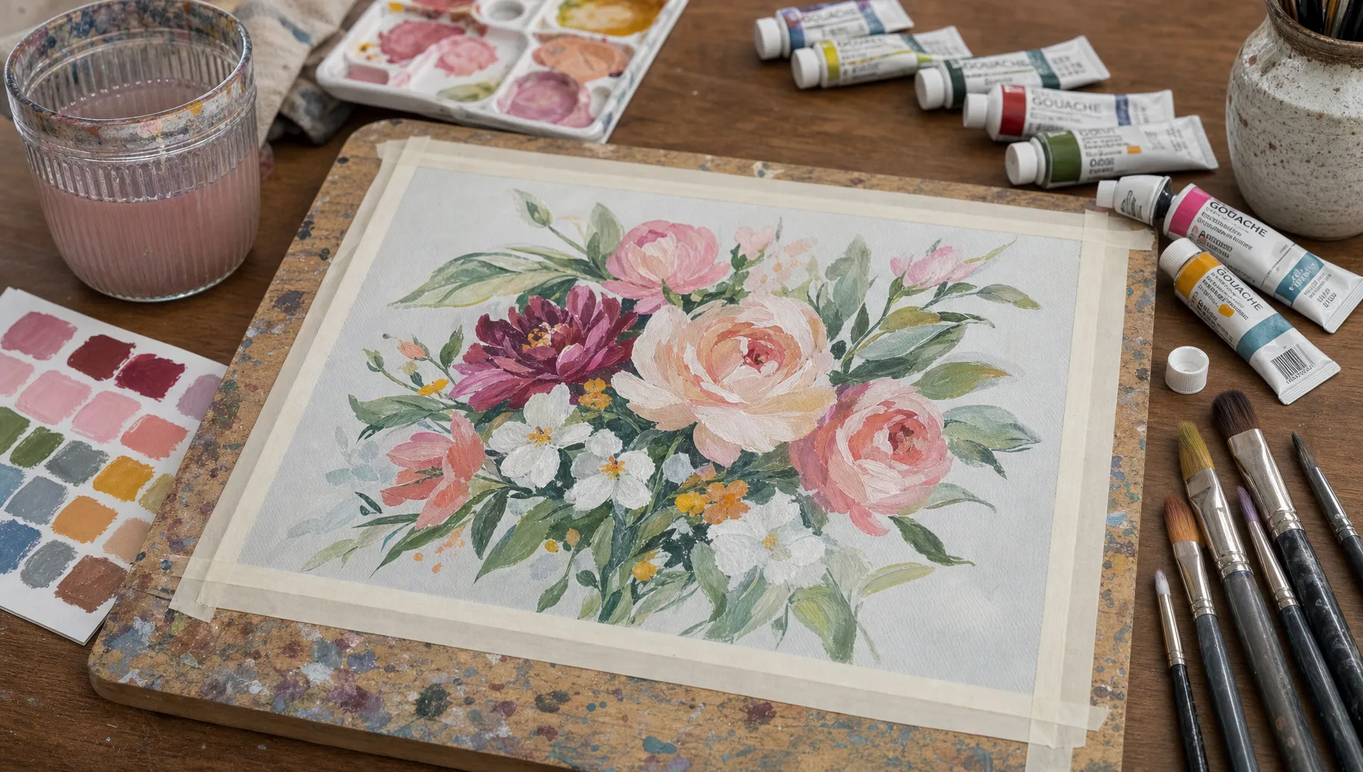 A prepared canvas board on an artist table with gouache tubes, soft brushes, a water cup, color swatches and a floral painting in progress.