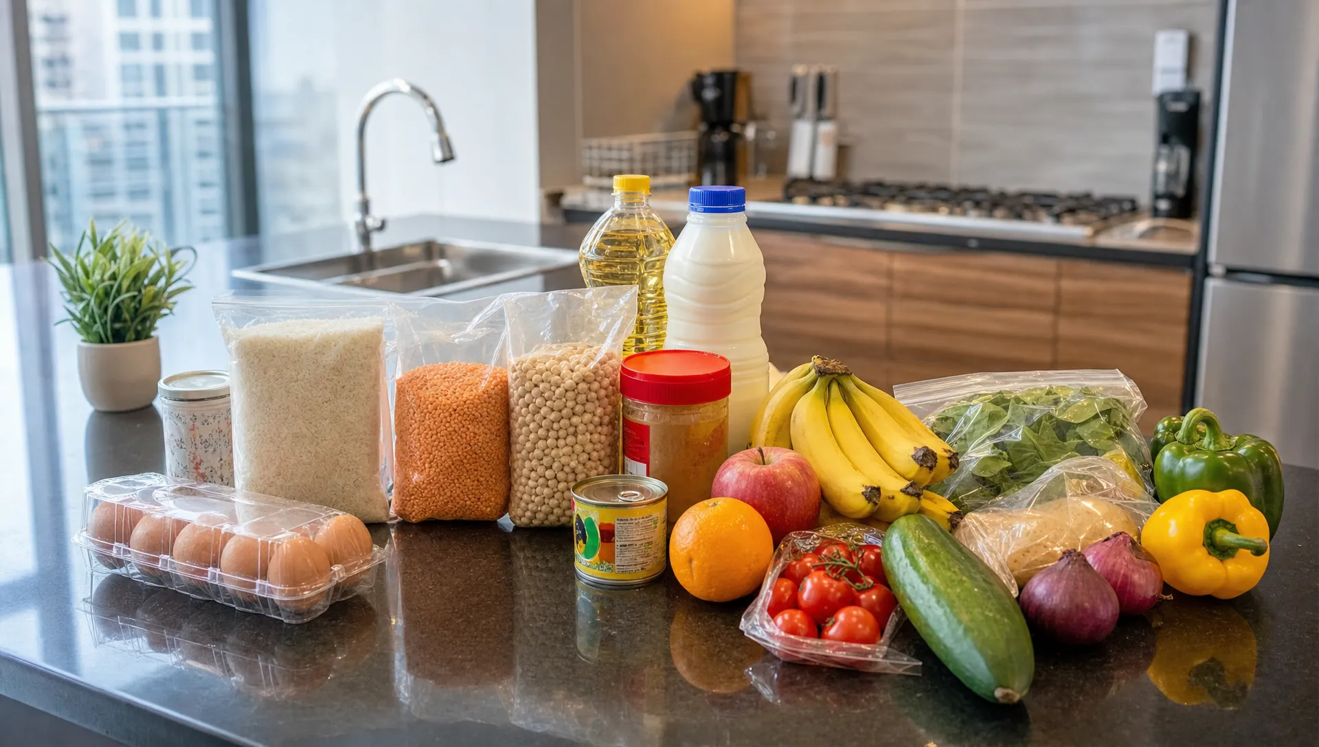A UAE apartment kitchen counter holds small portions of rice, lentils, vegetables, fruit, eggs and pantry staples for one person's groceries.
