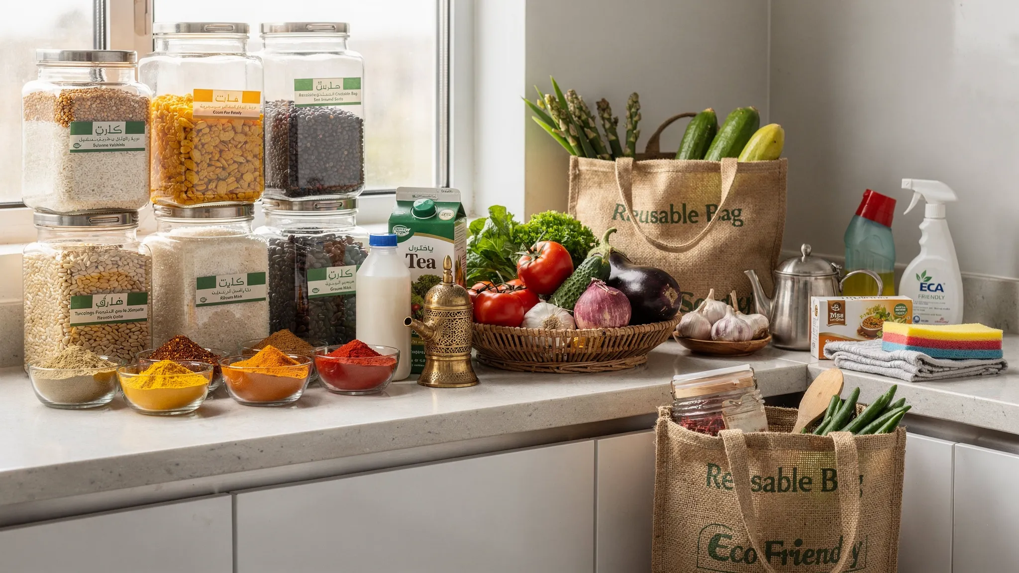 A neatly arranged UAE household grocery counter with rice, lentils, spices, fresh vegetables, tea, milk, cleaning supplies, and reusable shopping bags.