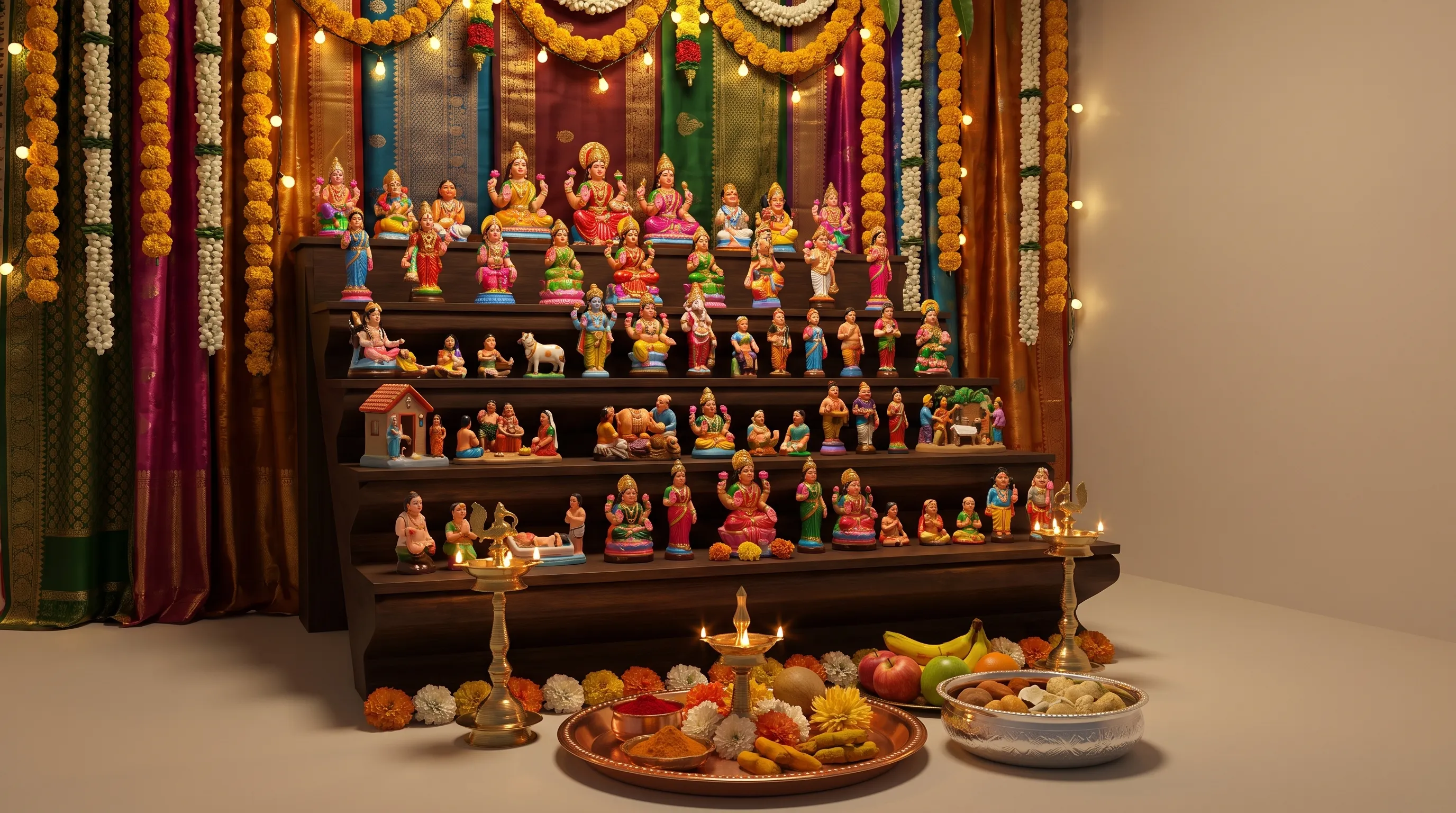 A festive Navratri home display shows golu padi plastic steps against a decorated wall, with dolls arranged from lower tiers to upper tiers and pooja items nearby.