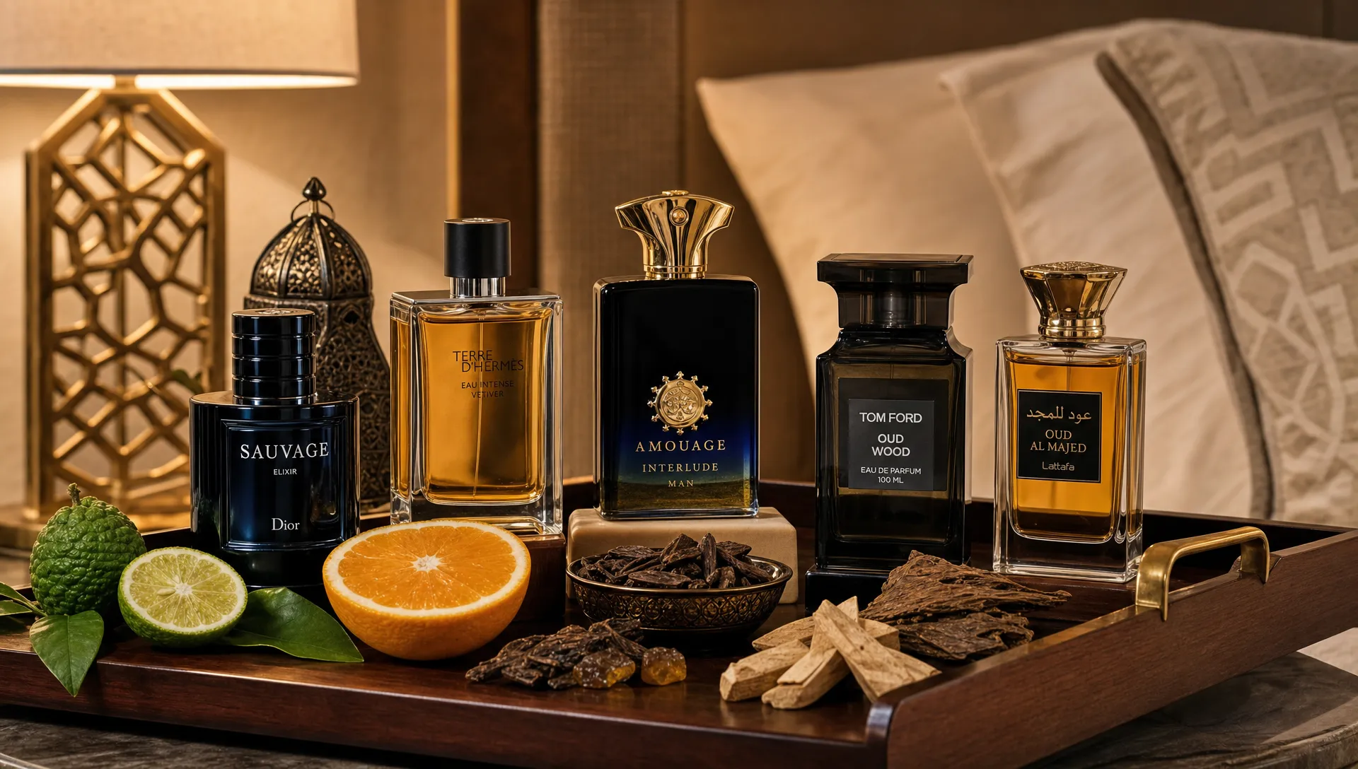 A neatly arranged men’s fragrance selection on a bedside tray with fresh citrus, warm wood pieces, oud chips, and elegant perfume bottles representing different scent families for UAE occasions.