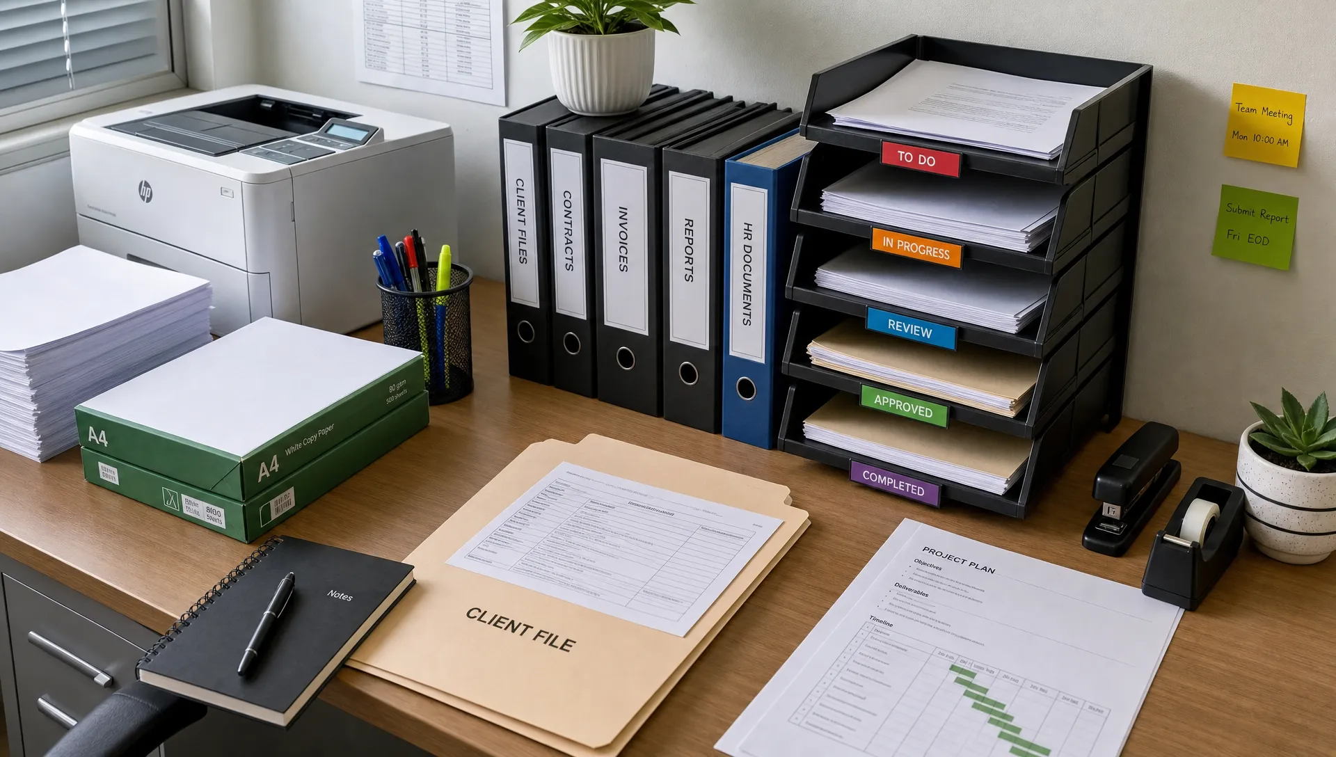 A tidy office desk with stacks of white and green A4 printer paper, labelled folders, a printer, pens, and organised document trays showing a colour-coded workflow, viewed from a slightly elevated angle in a compact office corner with no people present.