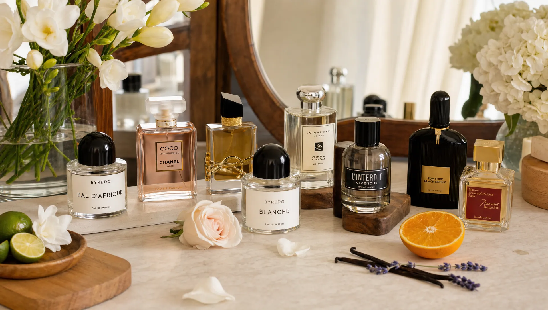 A neatly arranged perfume selection on a dressing table with several eau de parfum bottles, fresh citrus, soft flowers, and warm wood elements representing different fragrance families.