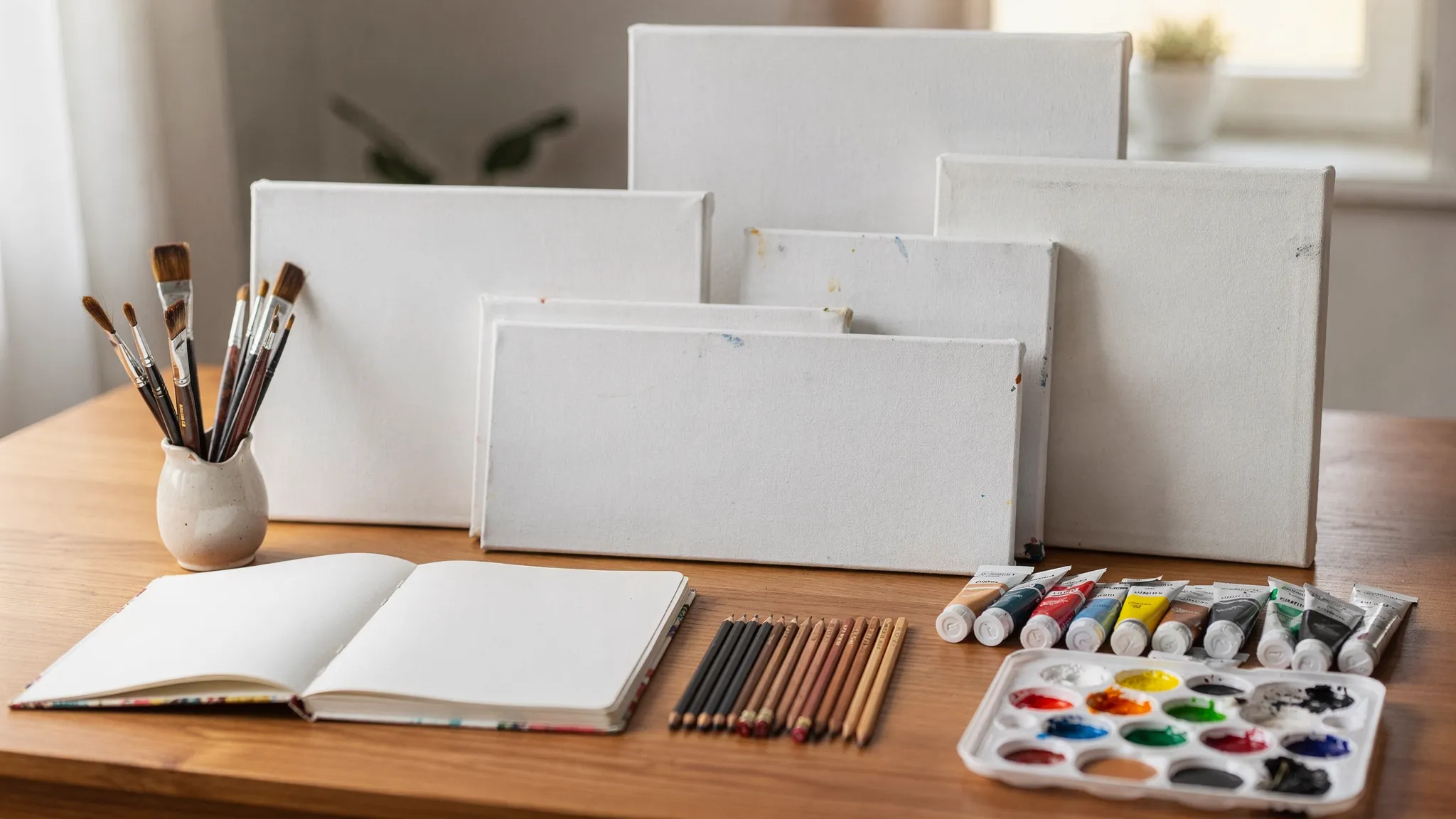 A neat tabletop art setup with blank stretched canvases, canvas panels, acrylic paints, brushes, pencils, and a sketchbook arranged for a home art project.