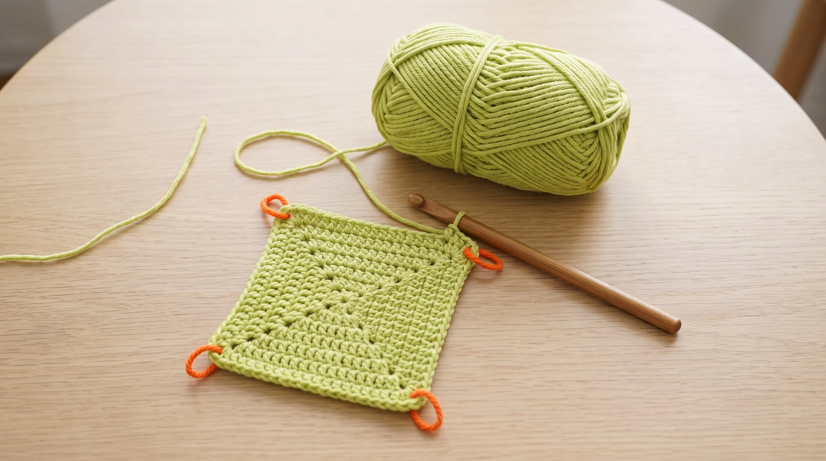 A small crochet swatch with contrasting yarn markers at each end lies beside a hook and smooth light-green yarn for beginner practice.