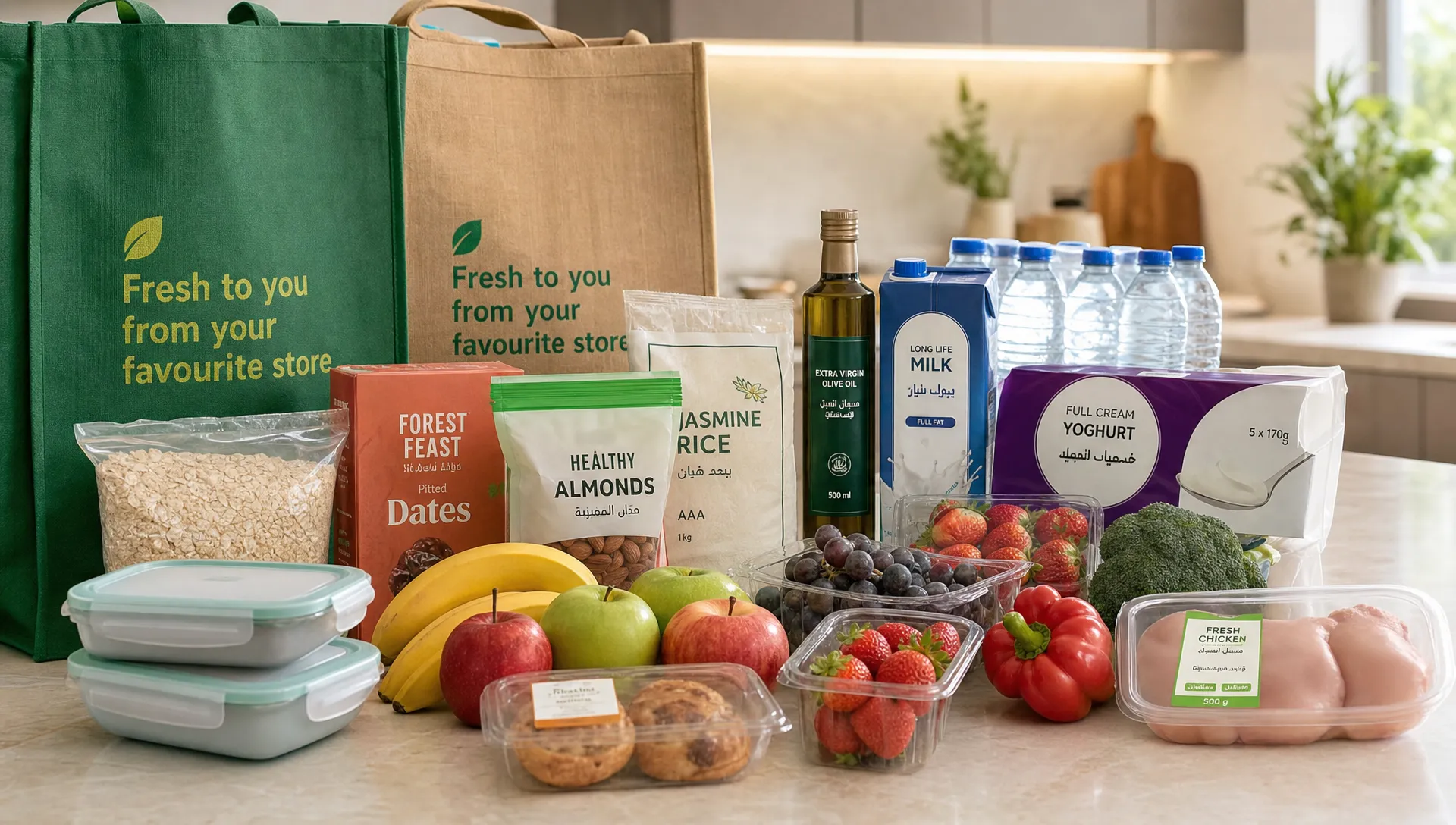 A neatly arranged UAE grocery delivery order on a kitchen counter with dates, fresh fruit, pantry staples, lunch containers, and reusable shopping bags ready to be unpacked.
