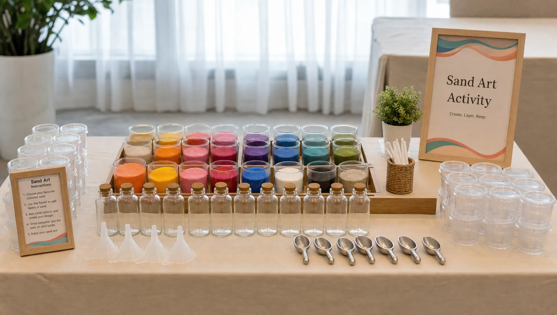A sand art event table with small bottles, funnels, scoops, labels, trays, and sealed containers arranged for a bulk craft activity.