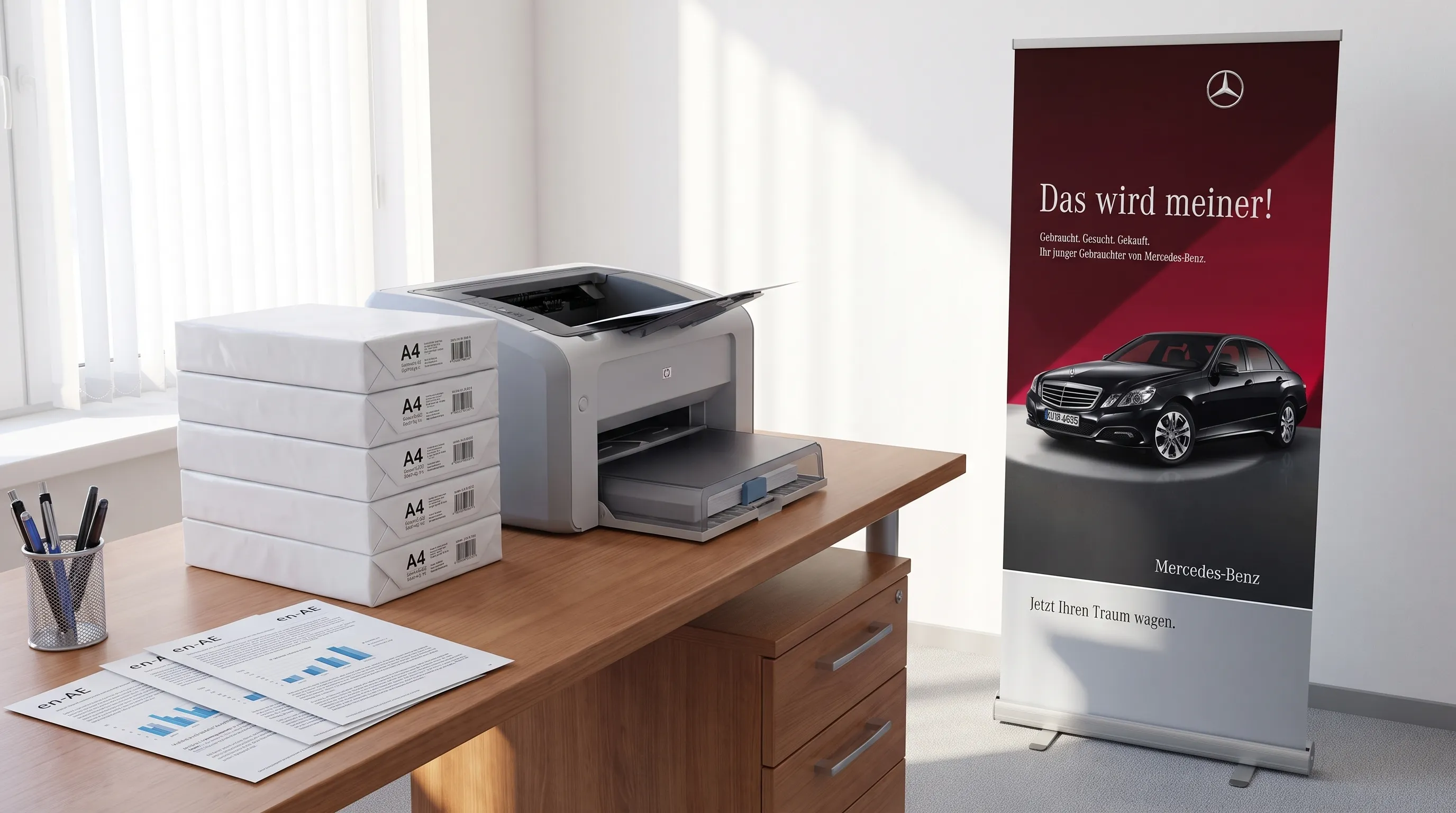 Neatly stacked A4 copy paper packs sit beside a printer tray, printed documents and pens for home or office printing.