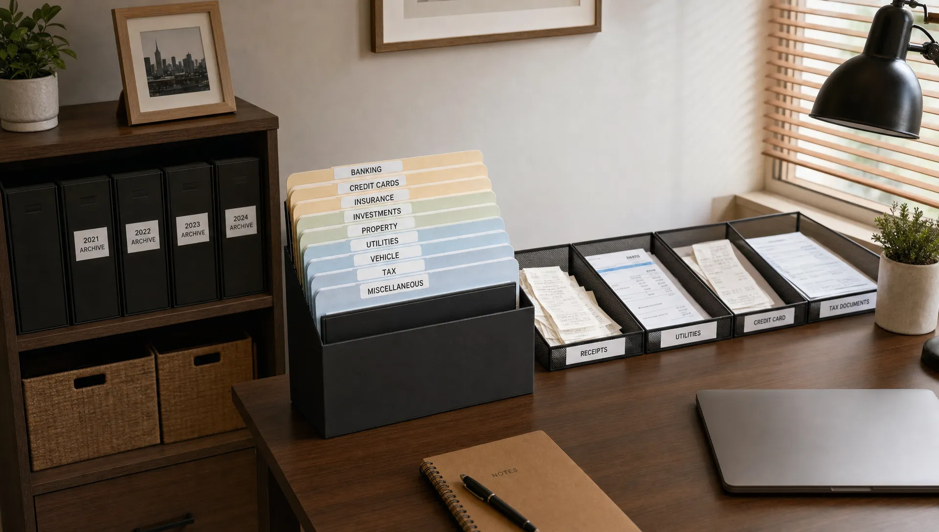 A neat home office desk with several labelled cut flush folders arranged in a tray, receipts and bills sorted by category, and a small shelf nearby for archive storage.