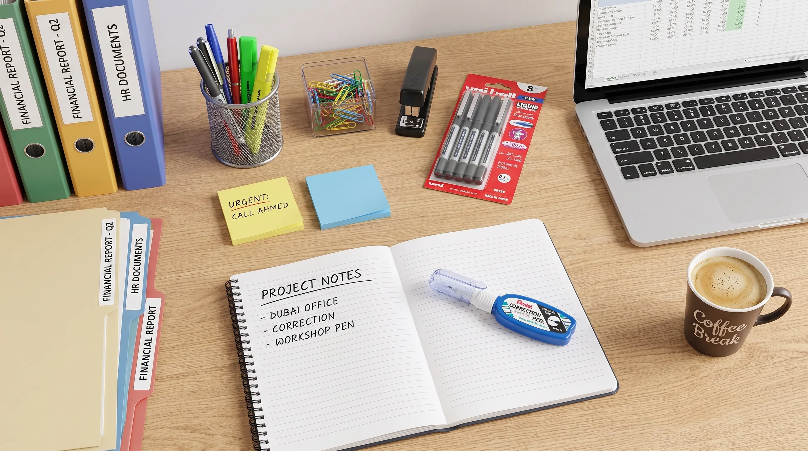 An organized UAE office desk with neatly arranged pens, notebooks, folders, sticky notes, a stapler, correction pen, paper clips, and a clean workspace beside a laptop and coffee cup, viewed from above with everything grouped neatly across the desk.