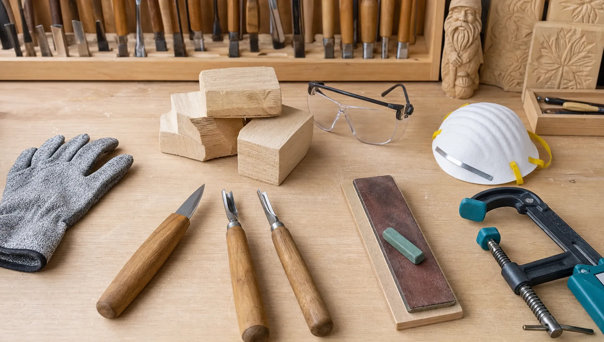 A beginner wood carving workspace with a carving knife, gouge, V-tool, glove, clamp, soft wood blocks, dust mask, eye protection and a sharpening strop on a tidy table.