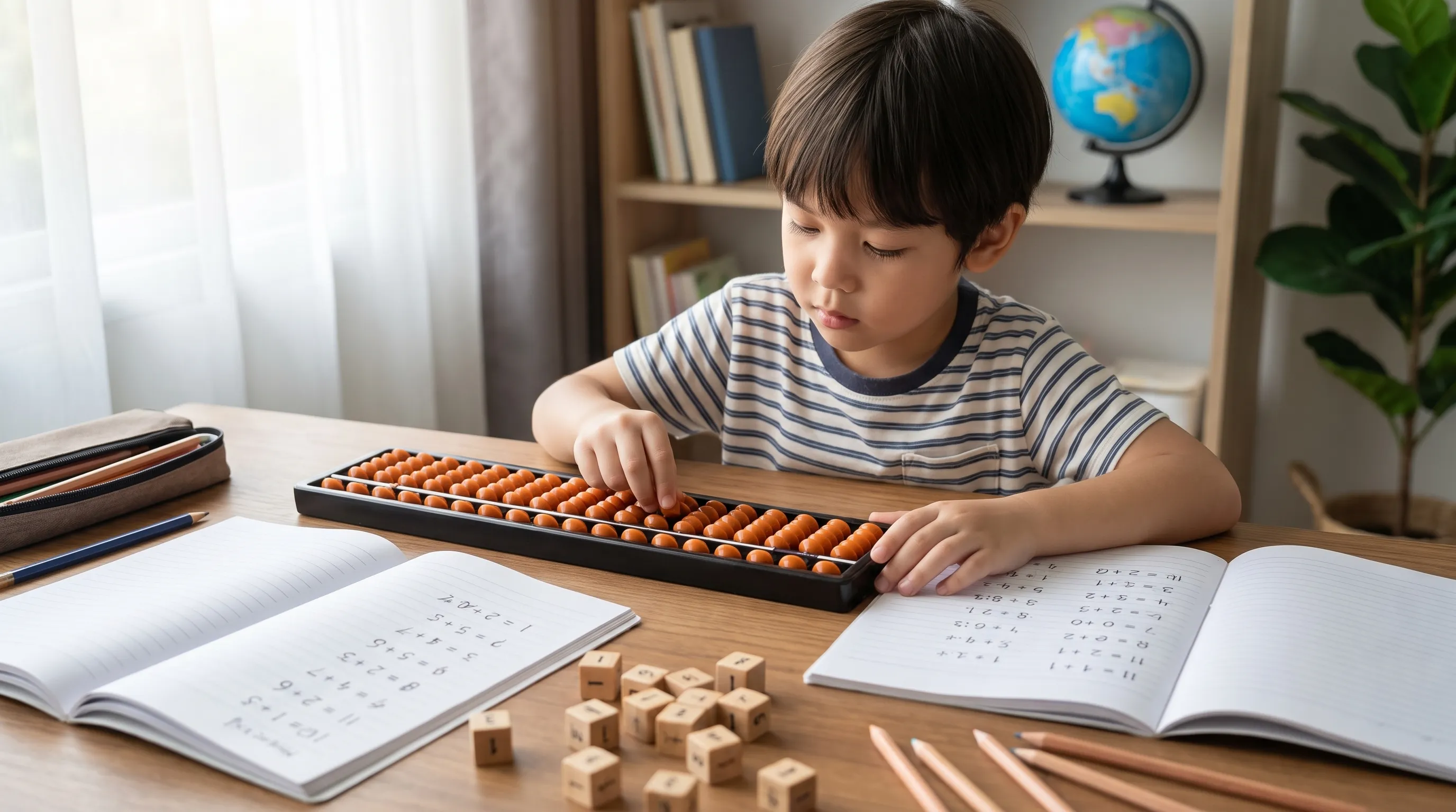 A child using a wooden abacus at a study table, with notebooks, pencils and counting blocks nearby.