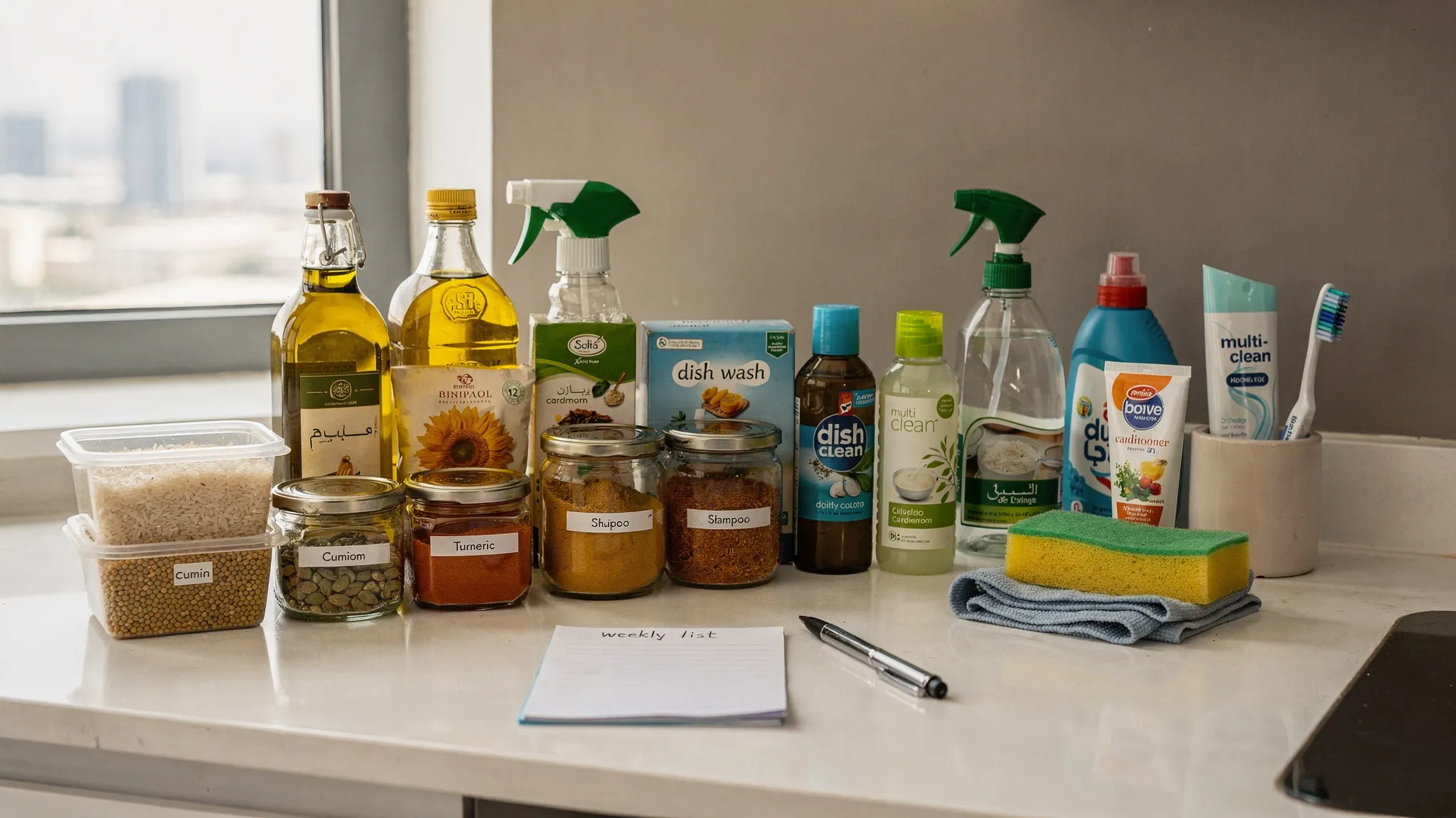 A neat kitchen counter in a Sharjah apartment with organized grocery staples, rice, spices, cooking oil, cleaning products, and personal care items arranged for weekly household planning.