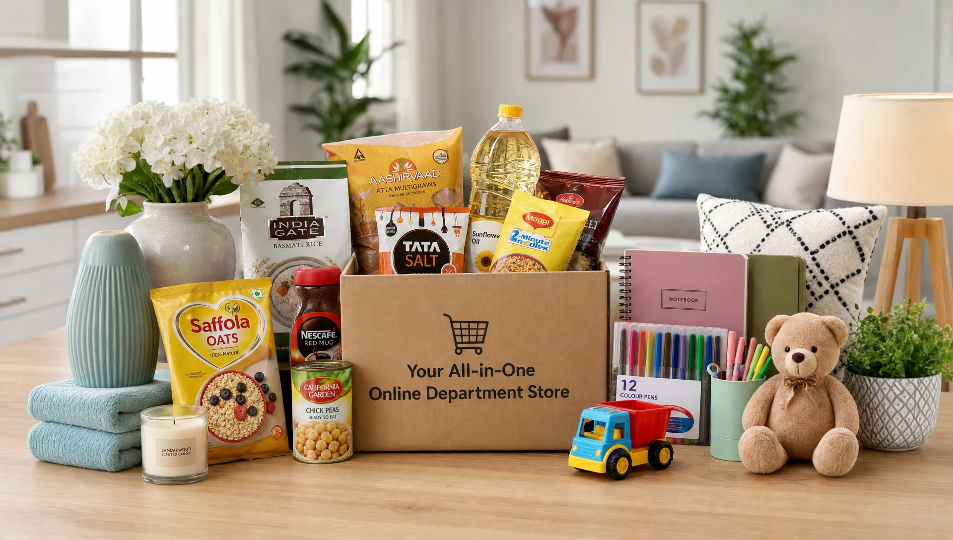 A neatly arranged home shopping scene with groceries, stationery, a small toy, and home décor items grouped on a table, showing how one online department-store basket can cover multiple household needs.